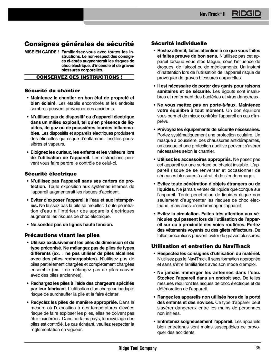 RIDGID Metal Detector manual Consignes générales de sécurité 