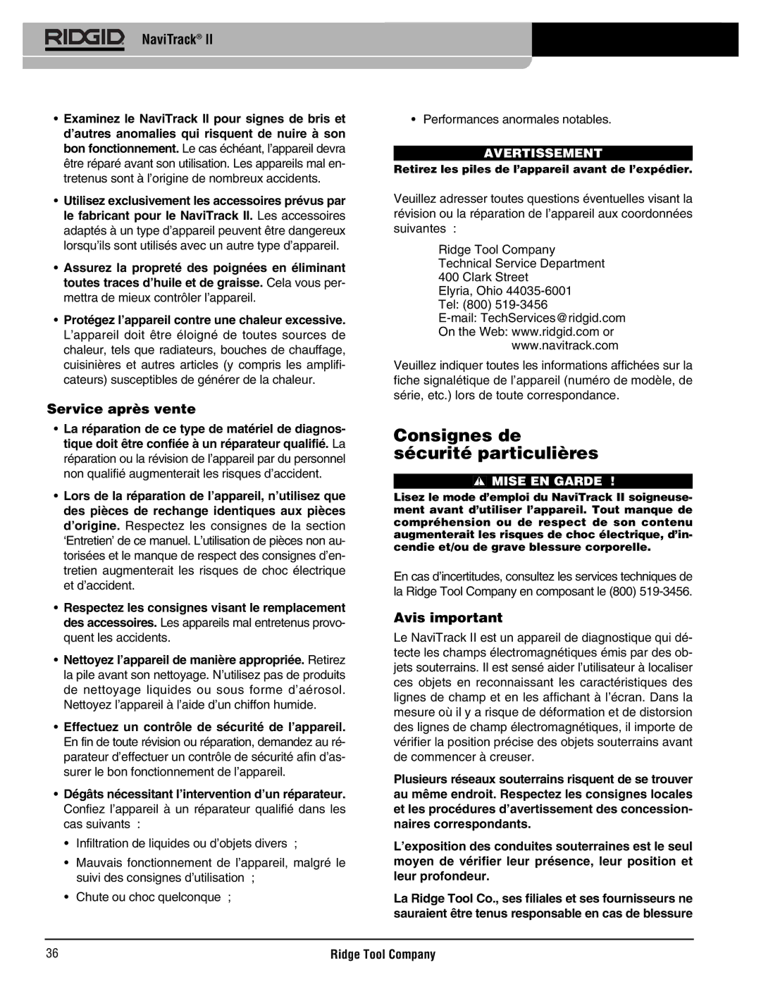 RIDGID Metal Detector manual Consignes de sécurité particulières, Service après vente, Avis important 