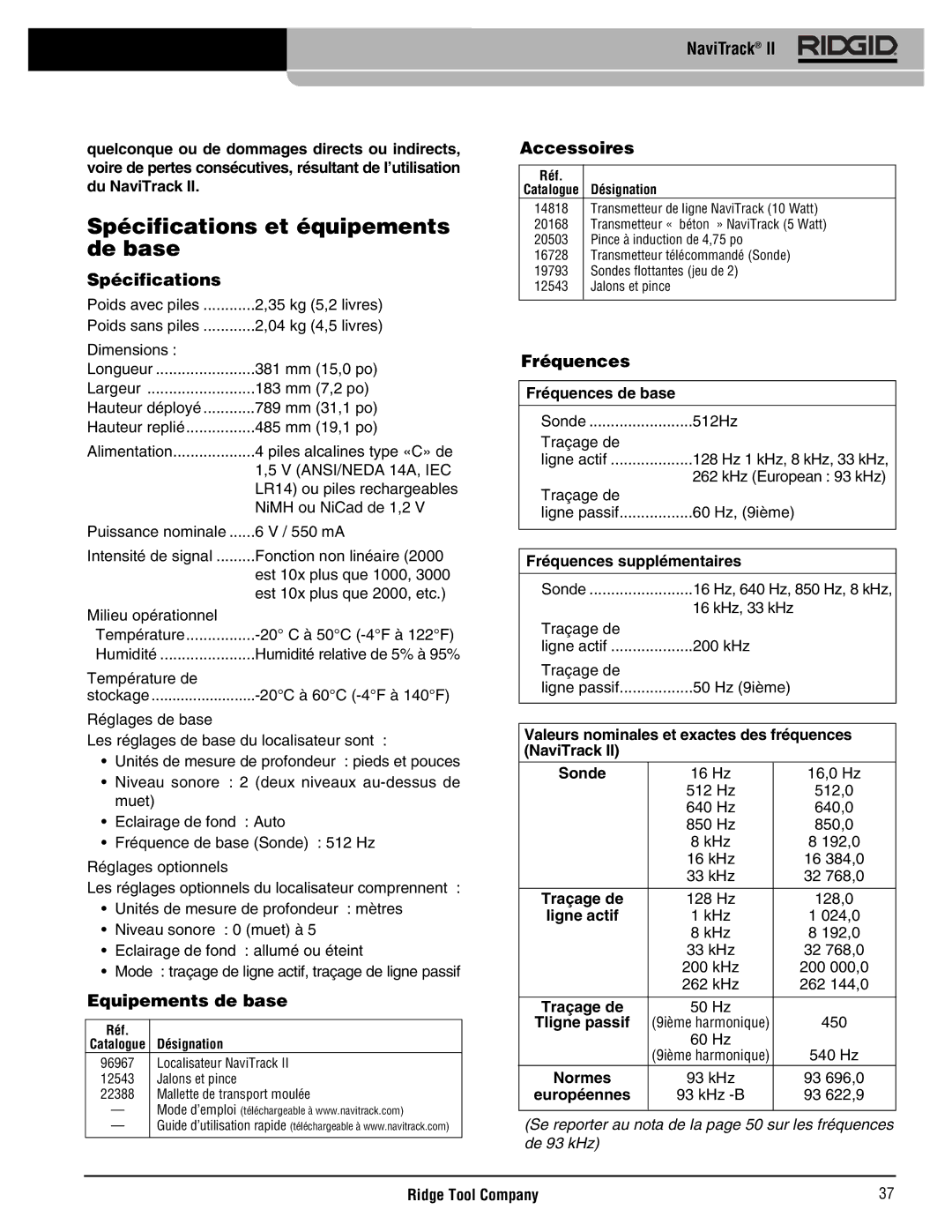 RIDGID Metal Detector manual Spécifications et équipements de base, Equipements de base, Accessoires, Fréquences 