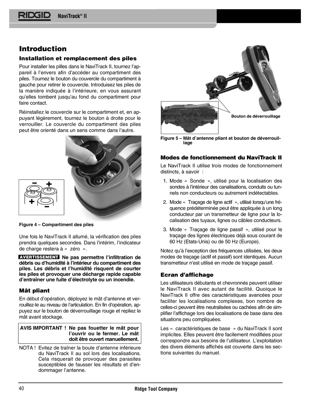 RIDGID Metal Detector manual Introduction, Installation et remplacement des piles, Mât pliant, Ecran d’affichage 