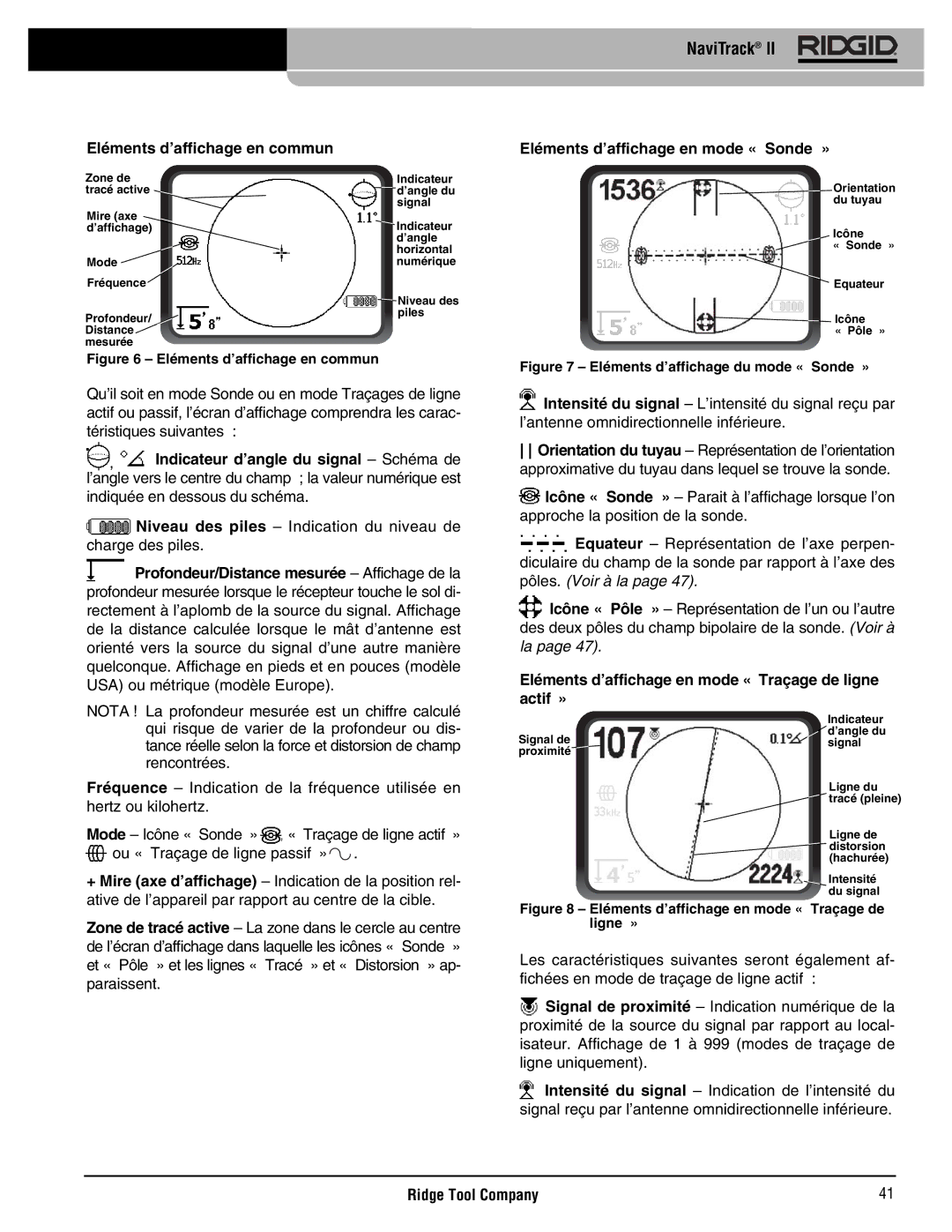 RIDGID Metal Detector manual Eléments d’affichage en commun, Eléments d’affichage en mode « Sonde » 