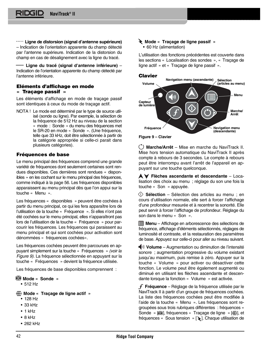 RIDGID Metal Detector manual Eléments d’affichage en mode « Traçage passif », Fréquences de base, Clavier 