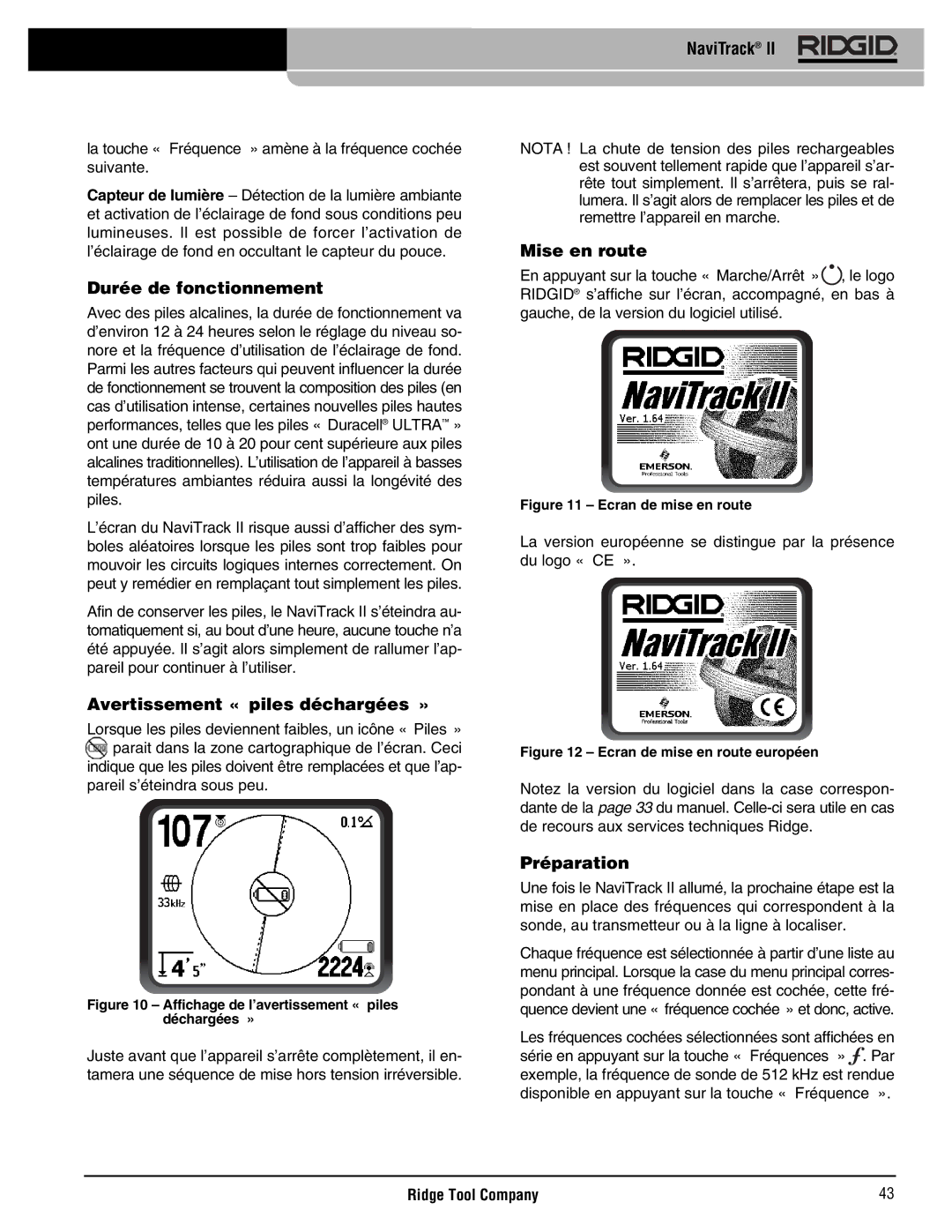 RIDGID Metal Detector manual Durée de fonctionnement, Avertissement « piles déchargées », Mise en route, Préparation 