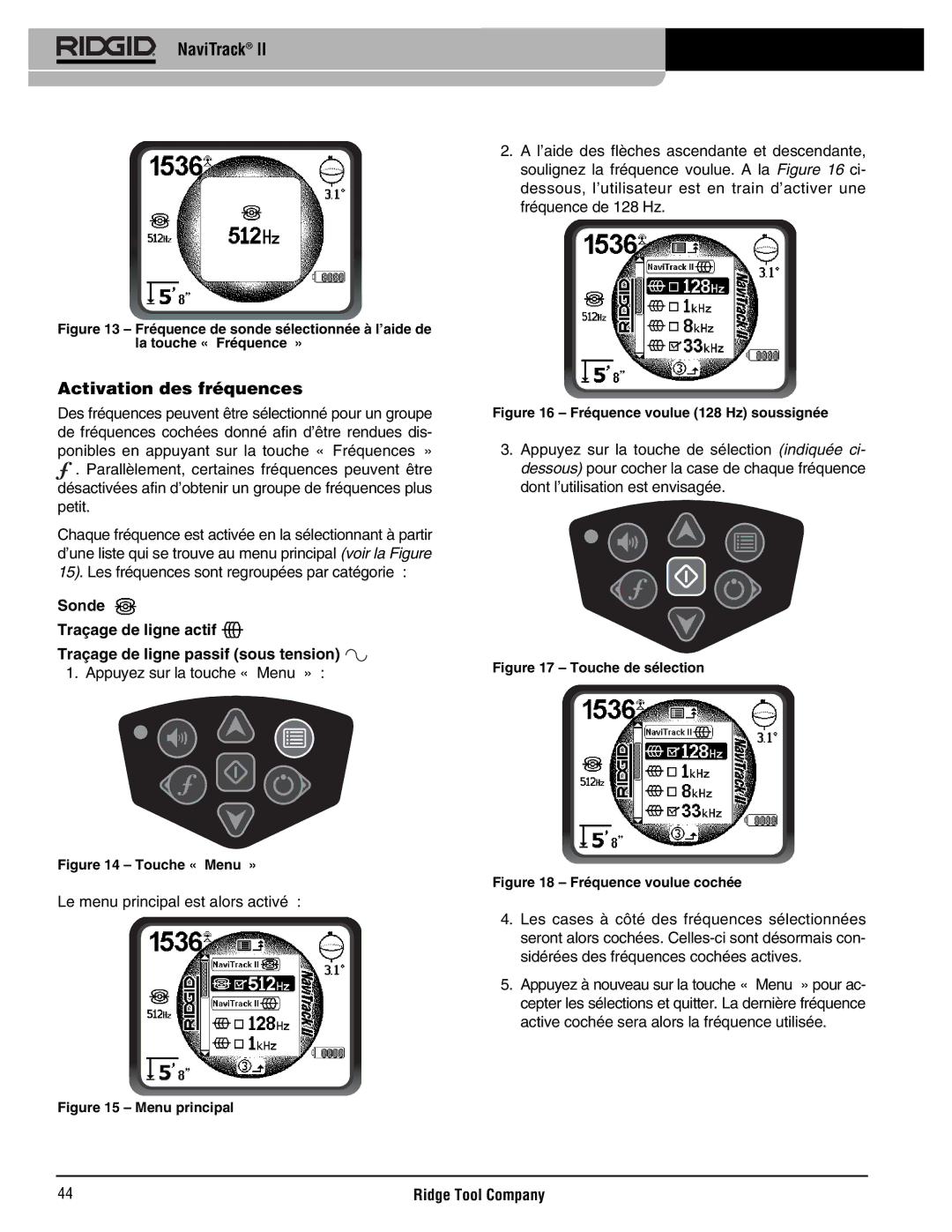 RIDGID Metal Detector manual Activation des fréquences, Touche « Menu » 