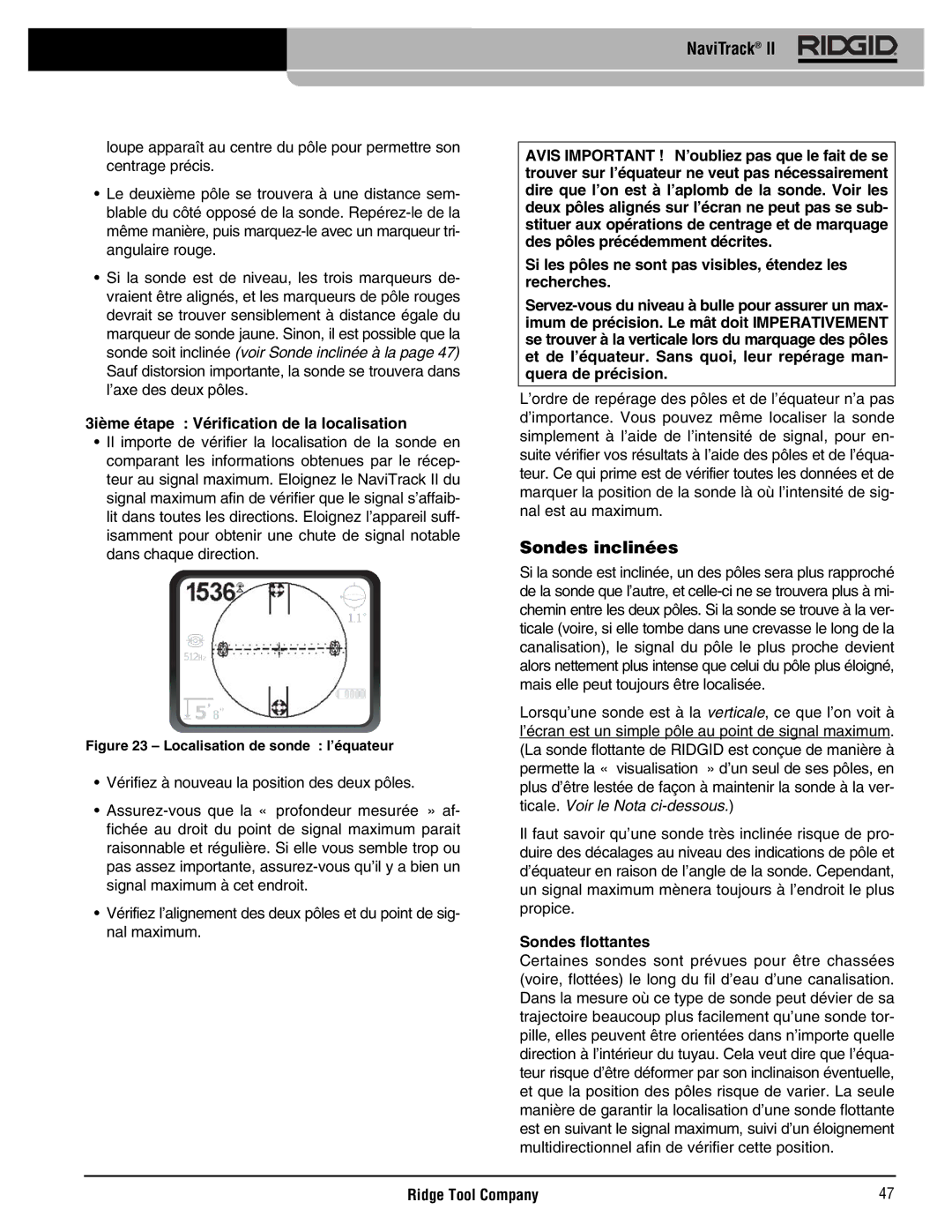 RIDGID Metal Detector manual Sondes inclinées, 3ième étape Vérification de la localisation, Sondes flottantes 