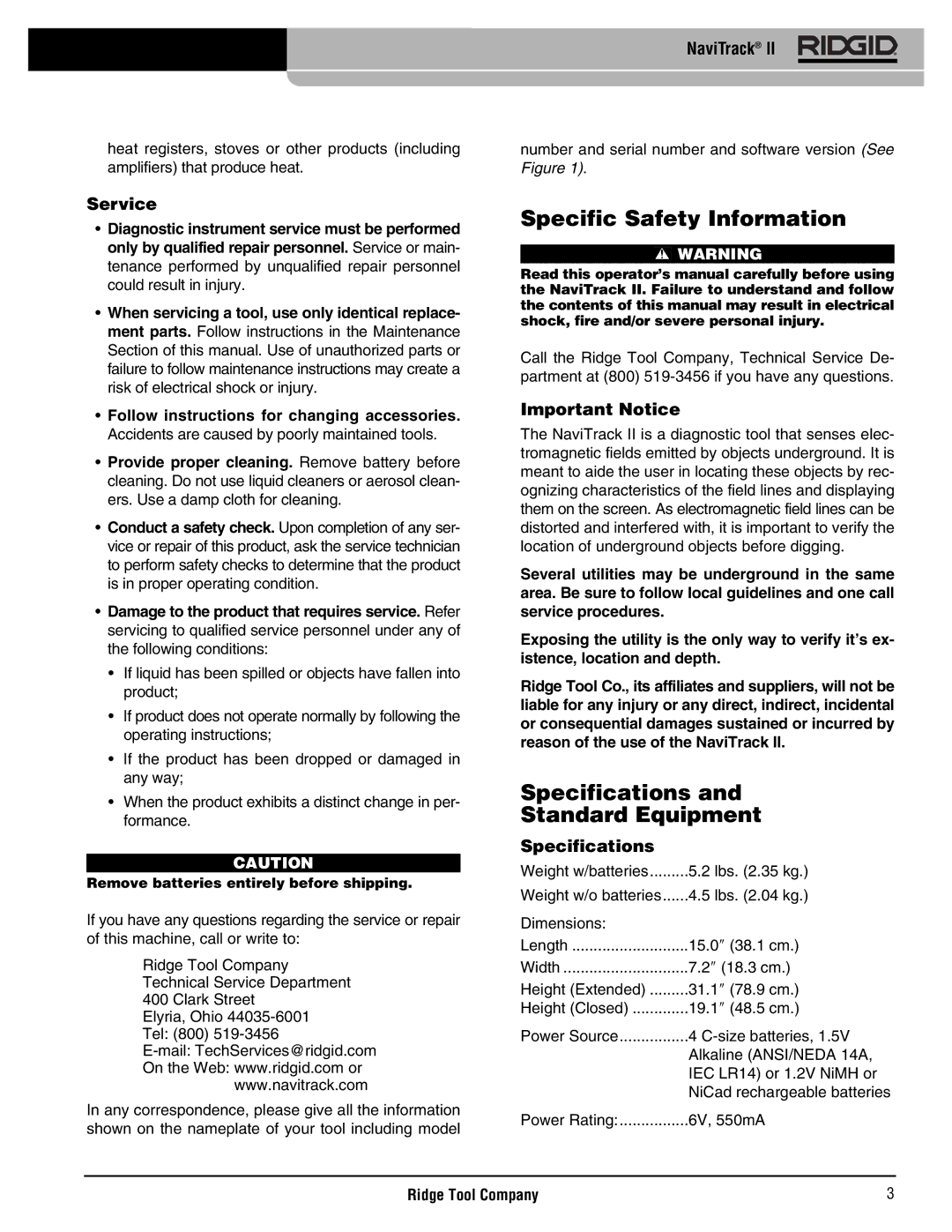 RIDGID Metal Detector manual Specific Safety Information, Specifications Standard Equipment, Service, Important Notice 