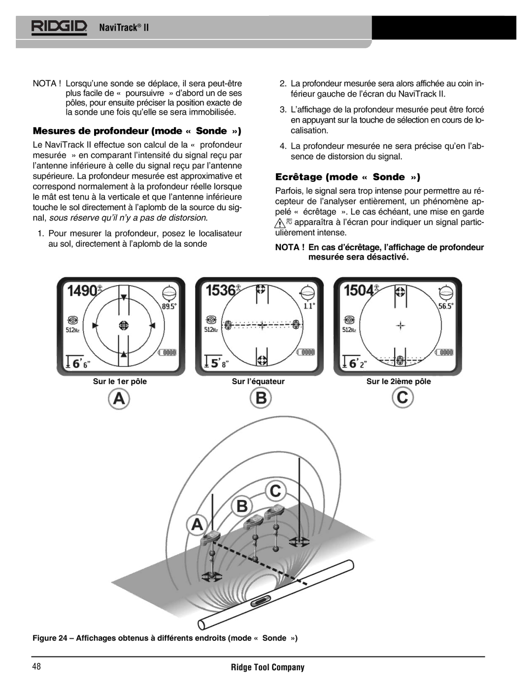 RIDGID Metal Detector manual Mesures de profondeur mode « Sonde », Ecrêtage mode « Sonde » 