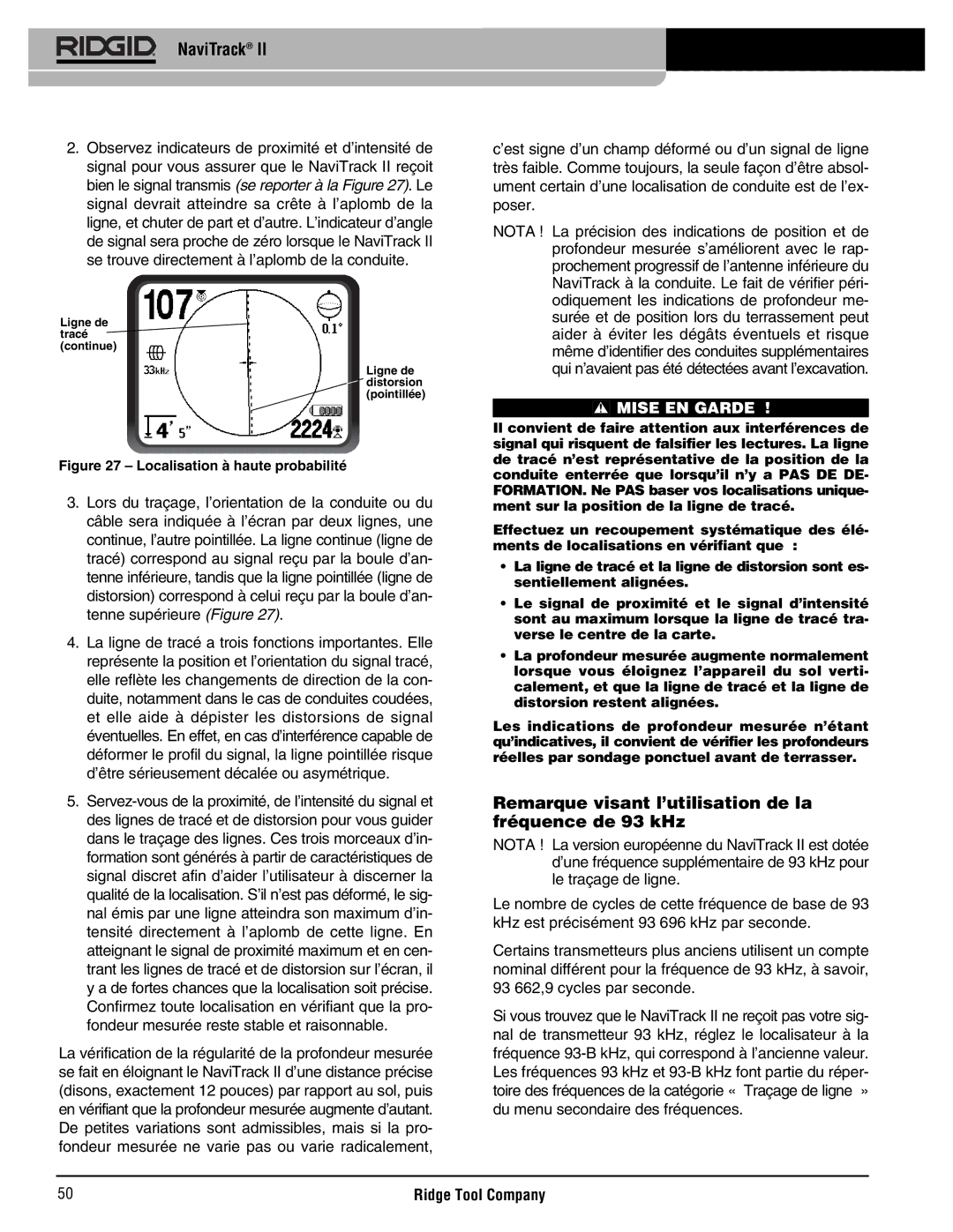 RIDGID Metal Detector manual Remarque visant l’utilisation de la fréquence de 93 kHz, Localisation à haute probabilité 