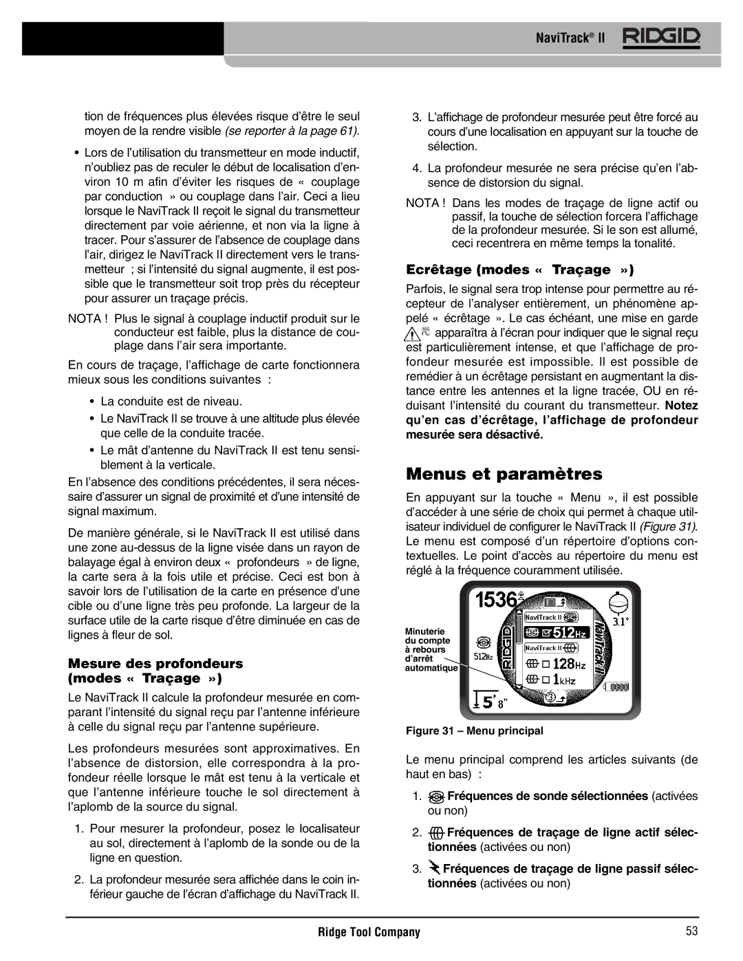 RIDGID Metal Detector manual Menus et paramètres, Mesure des profondeurs modes « Traçage », Ecrêtage modes « Traçage » 