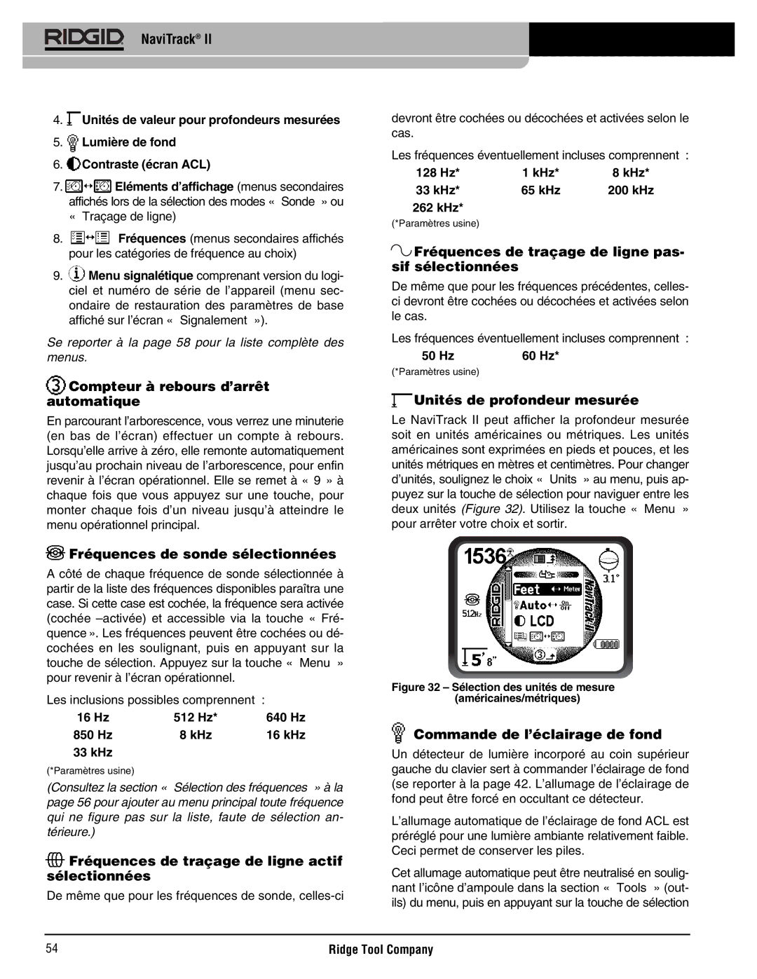 RIDGID Metal Detector manual Compteur à rebours d’arrêt automatique, Fréquences de sonde sélectionnées 