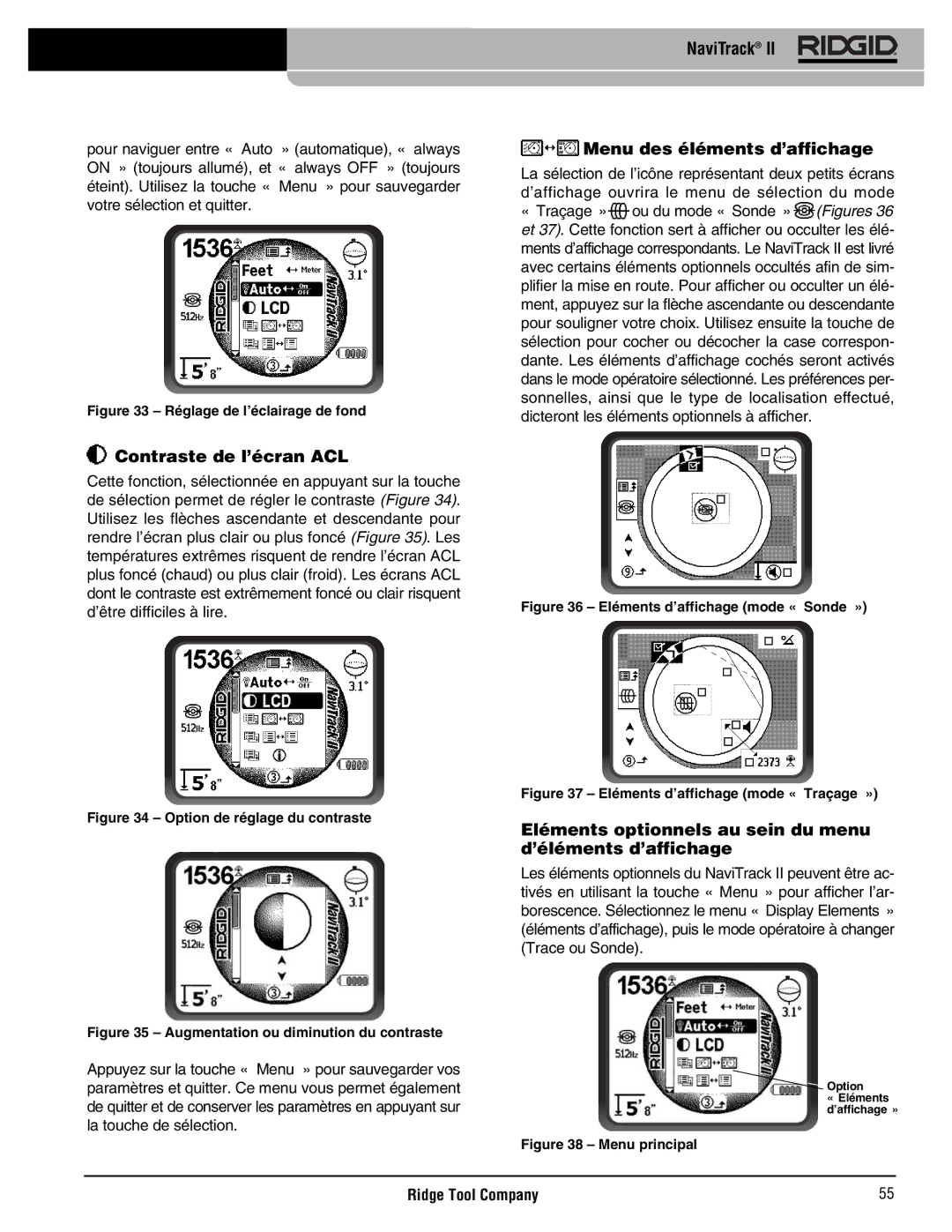 RIDGID Metal Detector manual Contraste de l’écran ACL, Menu des éléments d’affichage 