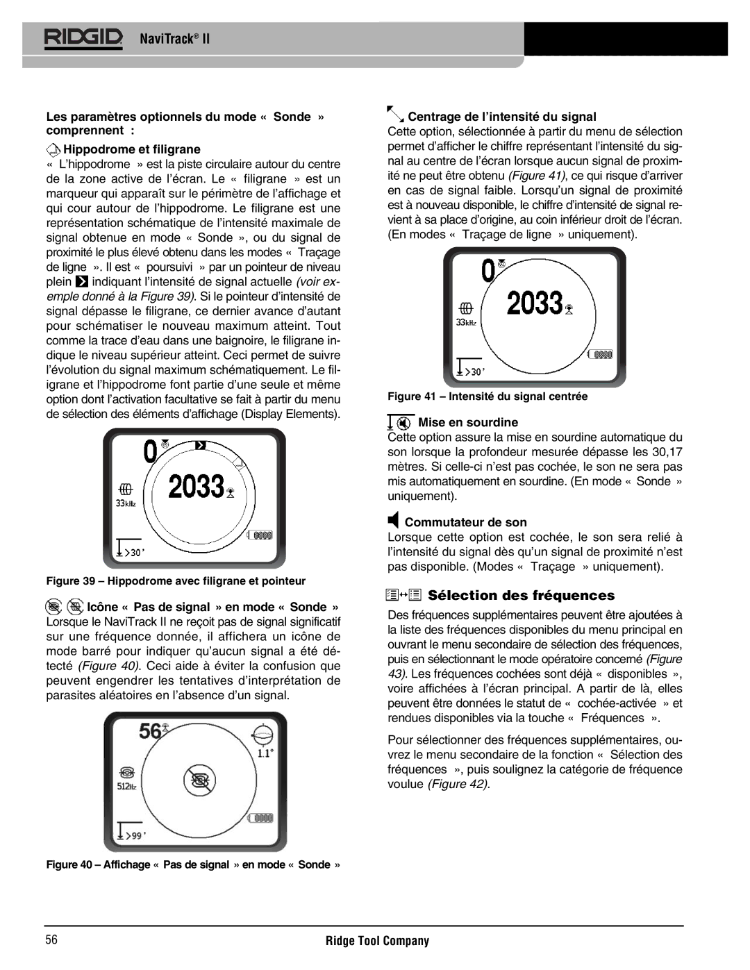 RIDGID Metal Detector Sélection des fréquences, Centrage de l’intensité du signal, Mise en sourdine, Commutateur de son 