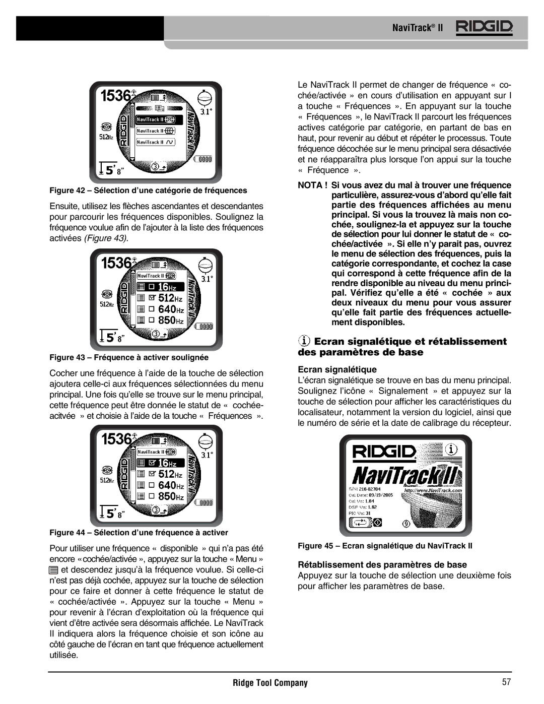 RIDGID Metal Detector Ecran signalétique et rétablissement des paramètres de base, Rétablissement des paramètres de base 