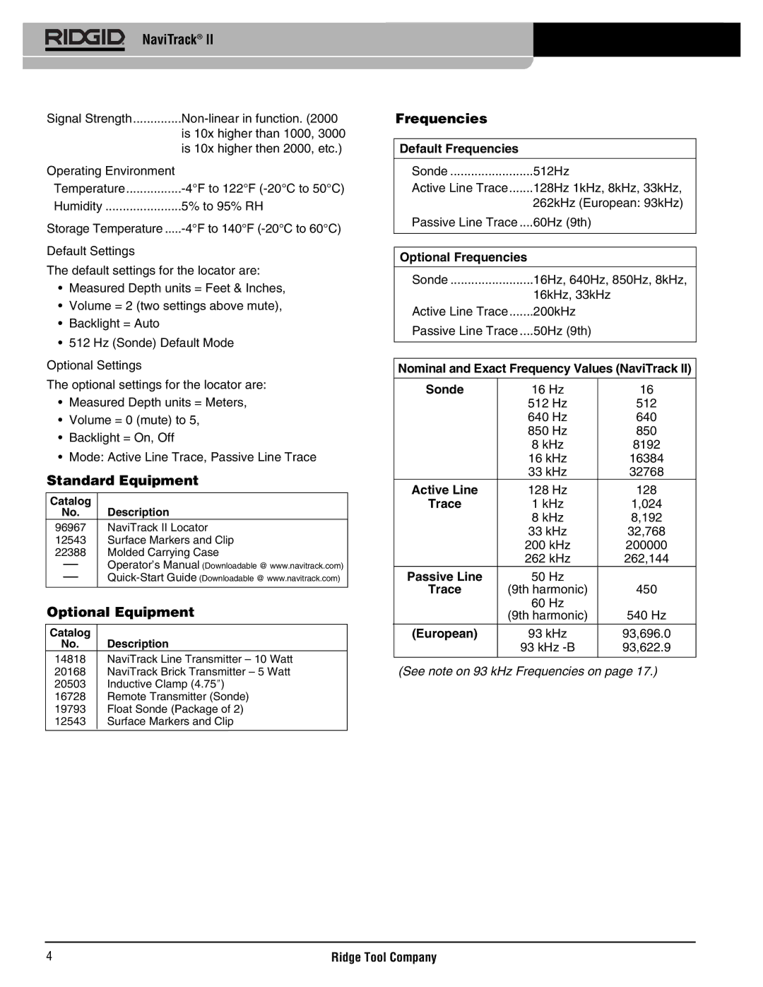 RIDGID Metal Detector manual Standard Equipment, Optional Equipment, Frequencies 