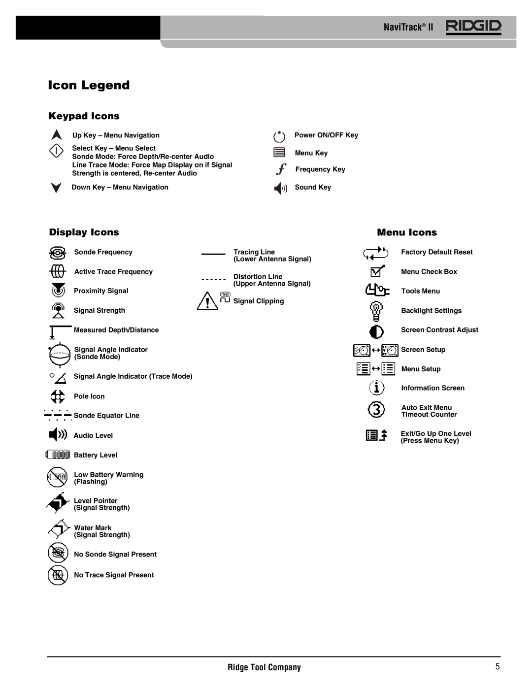 RIDGID Metal Detector manual Icon Legend, Keypad Icons, Display Icons Menu Icons 