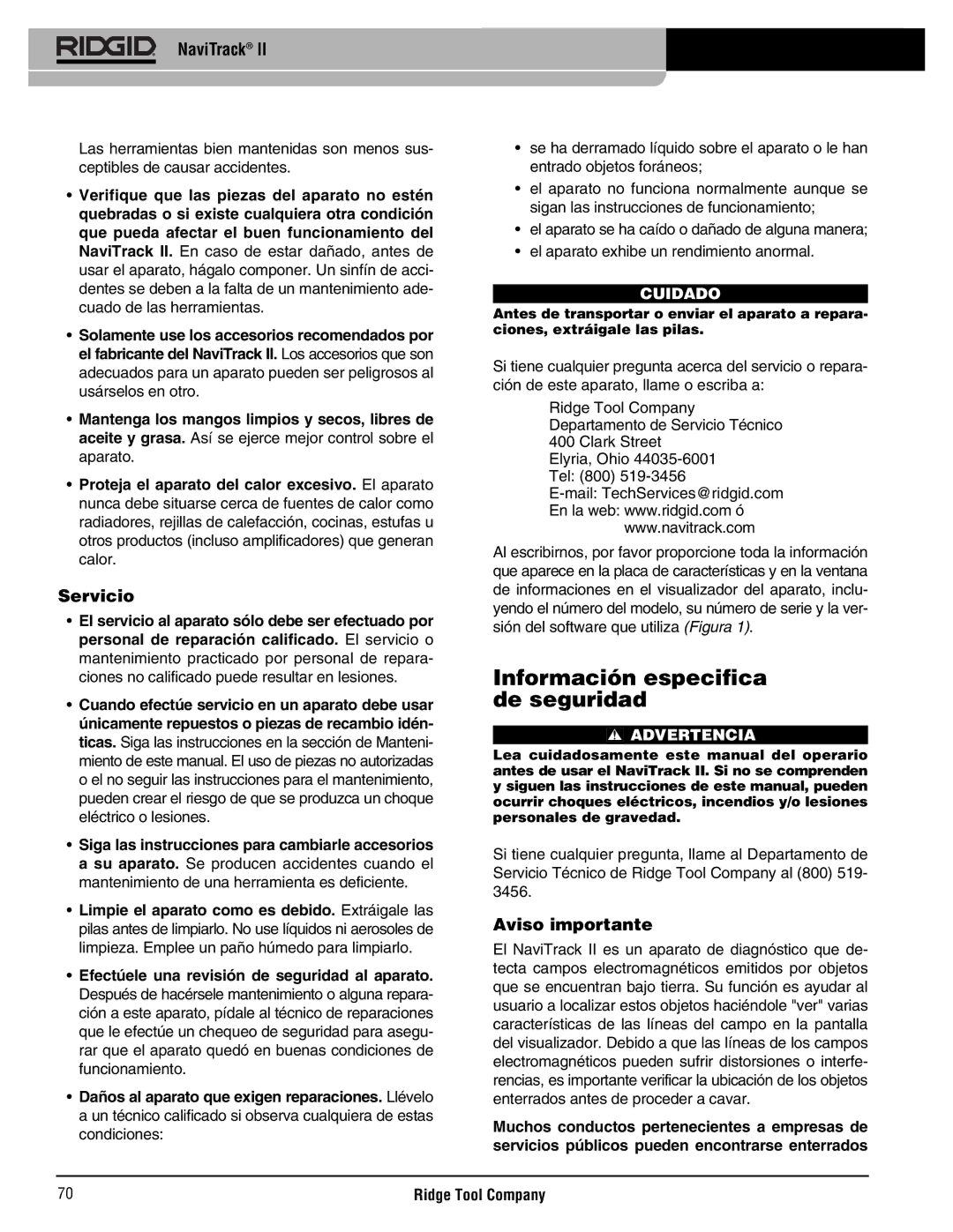 RIDGID Metal Detector manual Información especifica de seguridad, Servicio, Aviso importante 