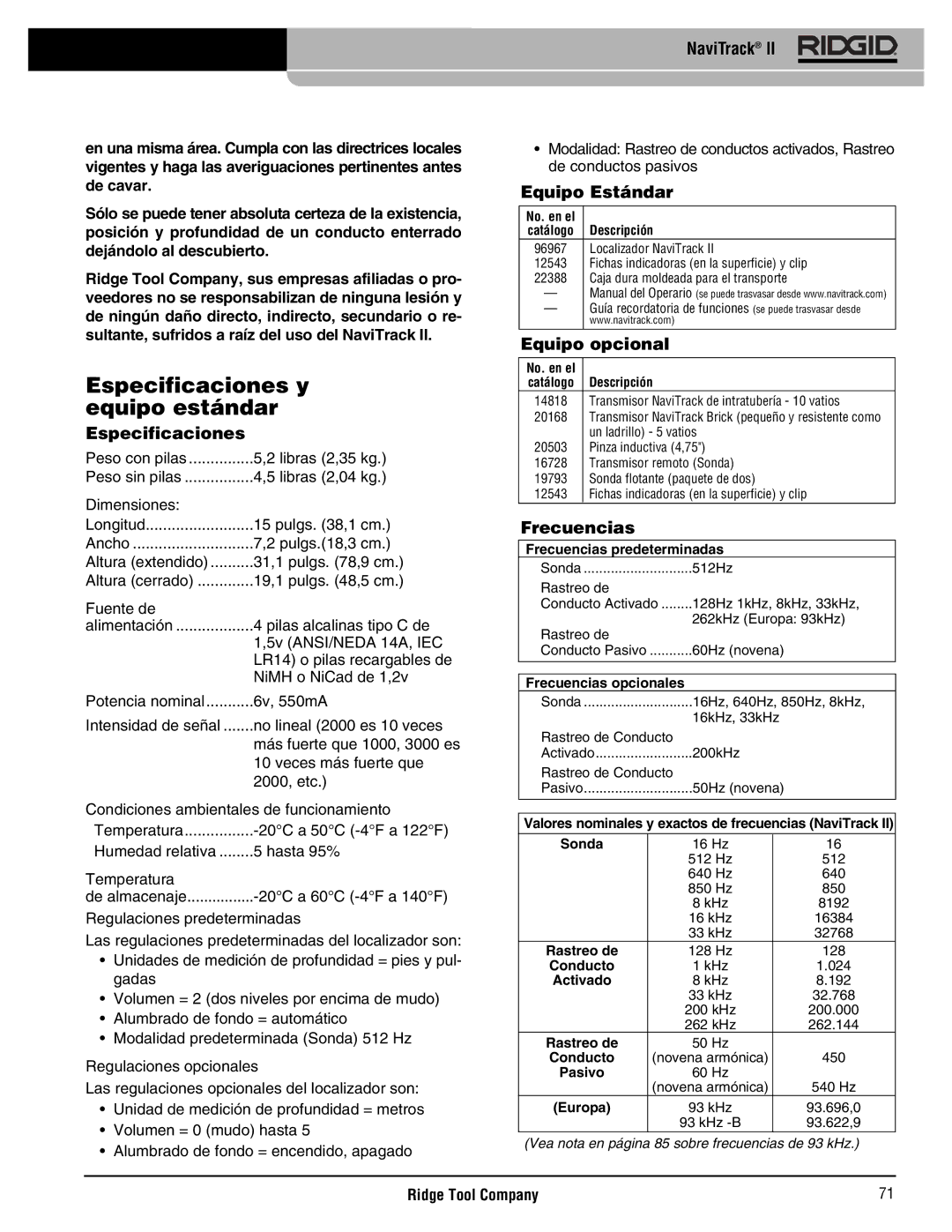 RIDGID Metal Detector manual Especificaciones y equipo estándar, Equipo Estándar, Equipo opcional, Frecuencias 