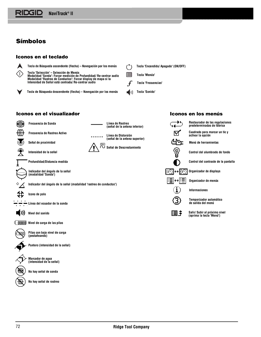 RIDGID Metal Detector manual Símbolos, Iconos en el teclado, Iconos en el visualizador, Iconos en los menús 