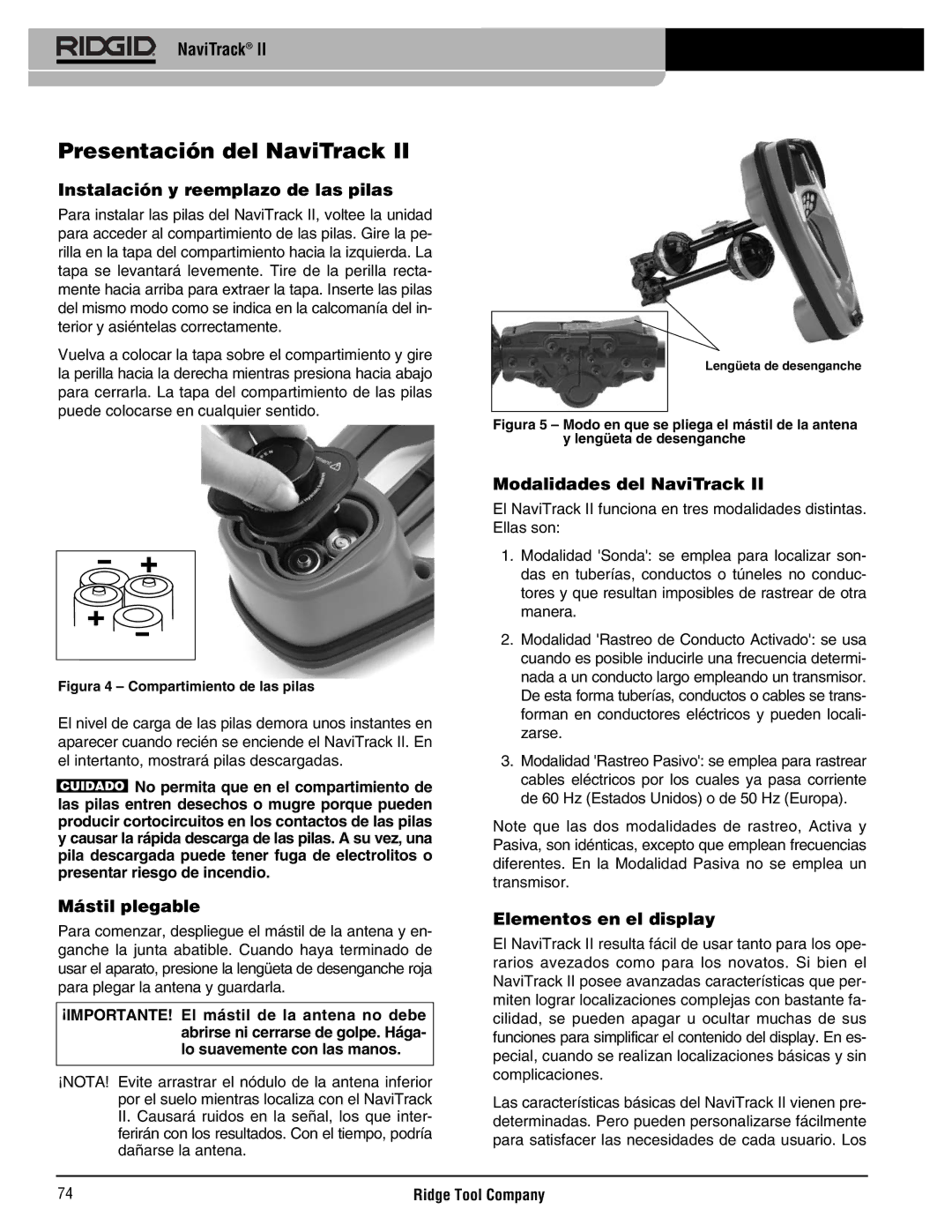 RIDGID Metal Detector manual Presentación del NaviTrack, Instalación y reemplazo de las pilas, Mástil plegable 