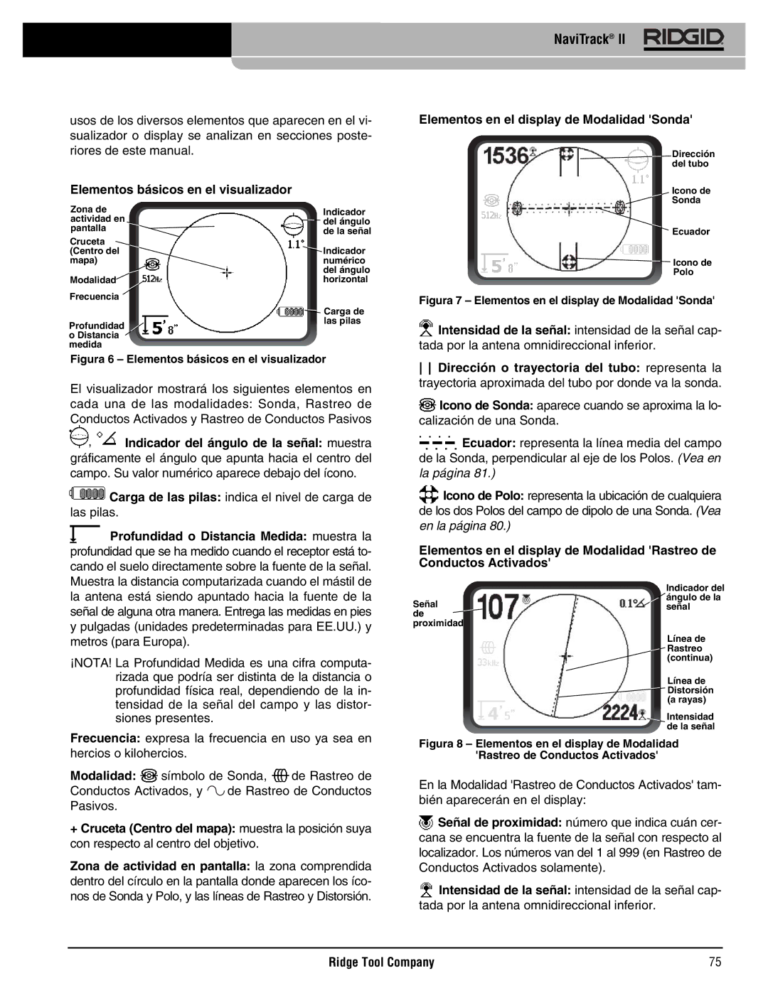 RIDGID Metal Detector manual Elementos básicos en el visualizador, Elementos en el display de Modalidad Sonda 