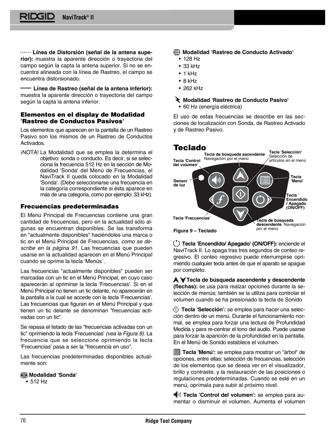 RIDGID Metal Detector manual Teclado, Frecuencias predeterminadas, Modalidad Sonda, Modalidad Rastreo de Conducto Activado 