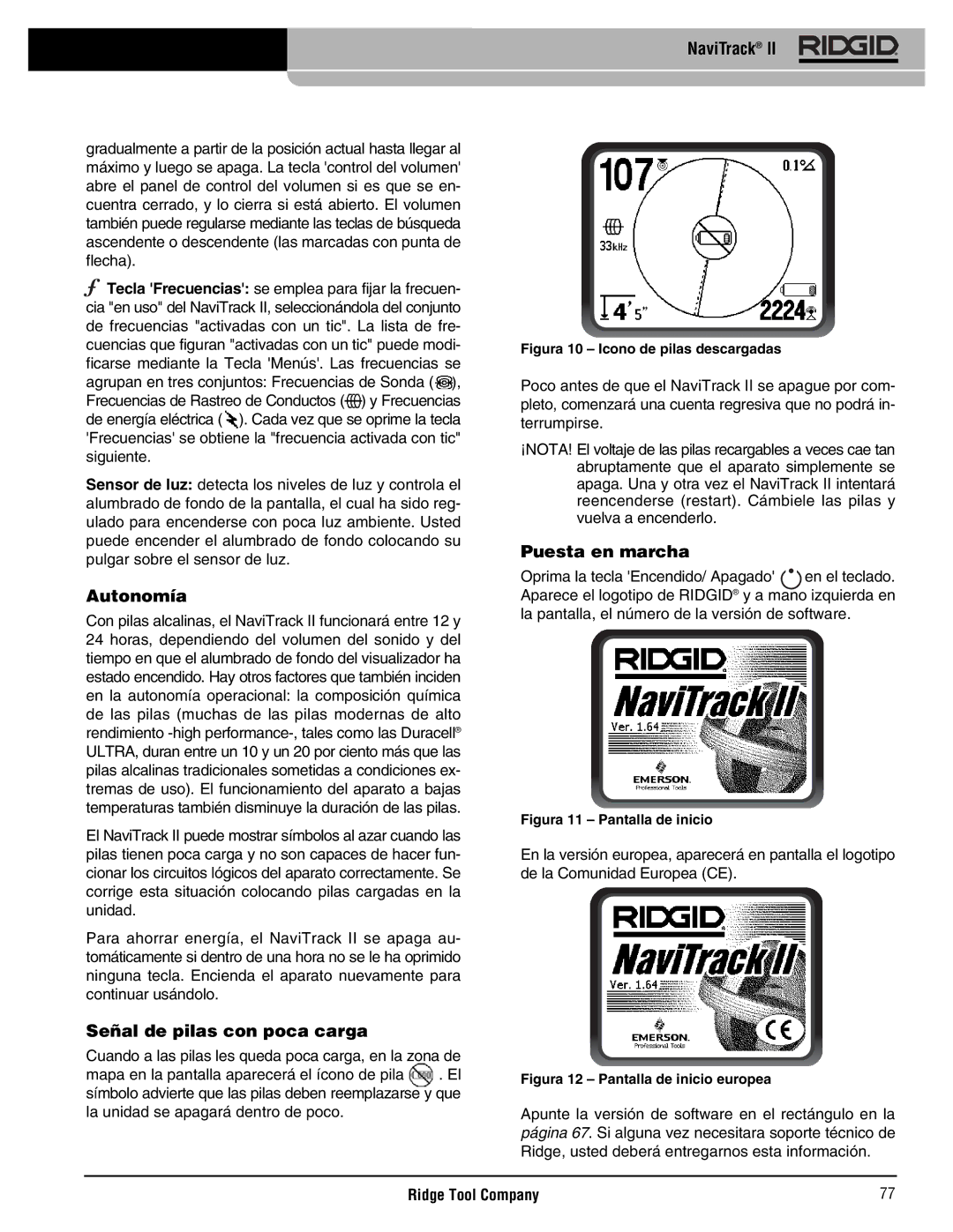 RIDGID Metal Detector manual Autonomía, Señal de pilas con poca carga, Puesta en marcha 