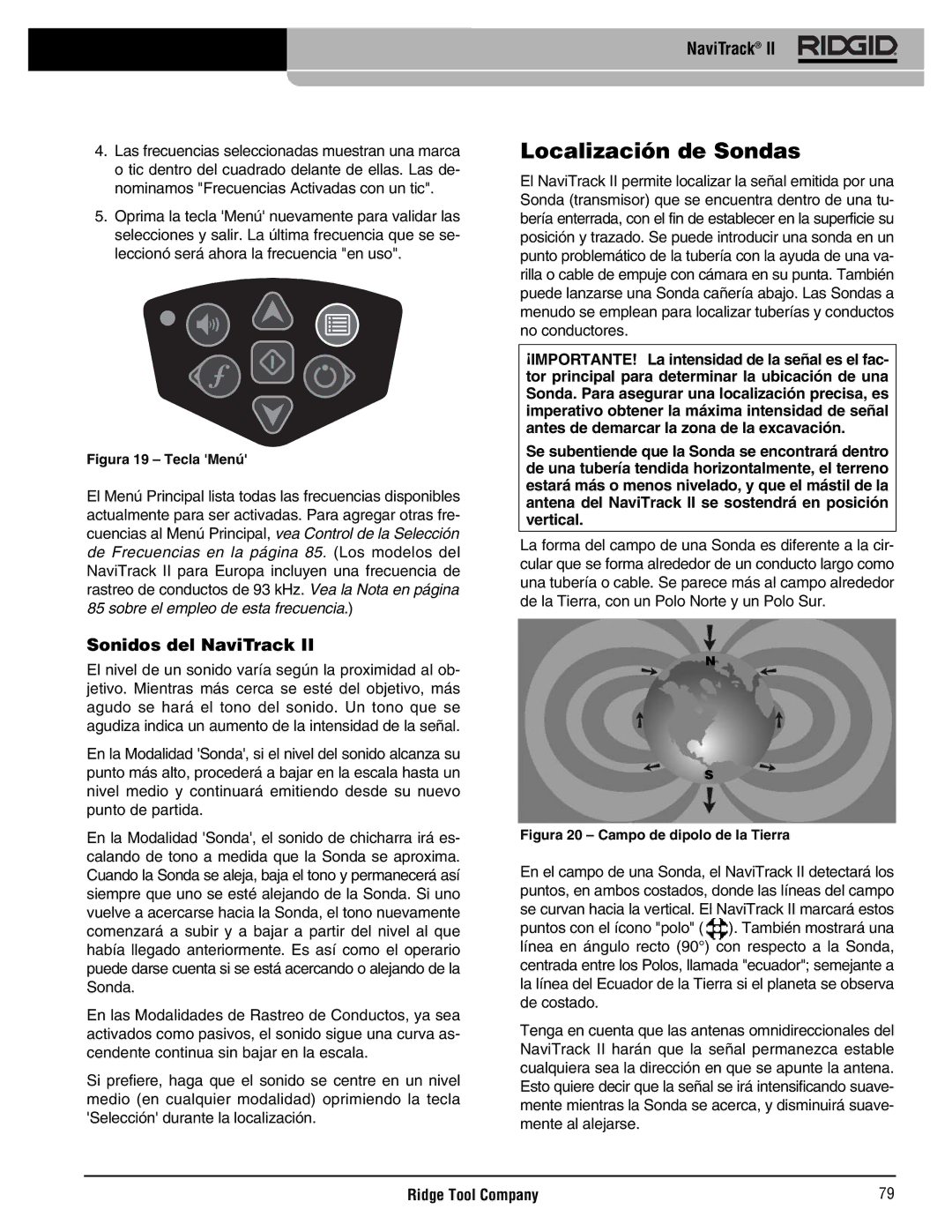 RIDGID Metal Detector manual Localización de Sondas, Sonidos del NaviTrack 