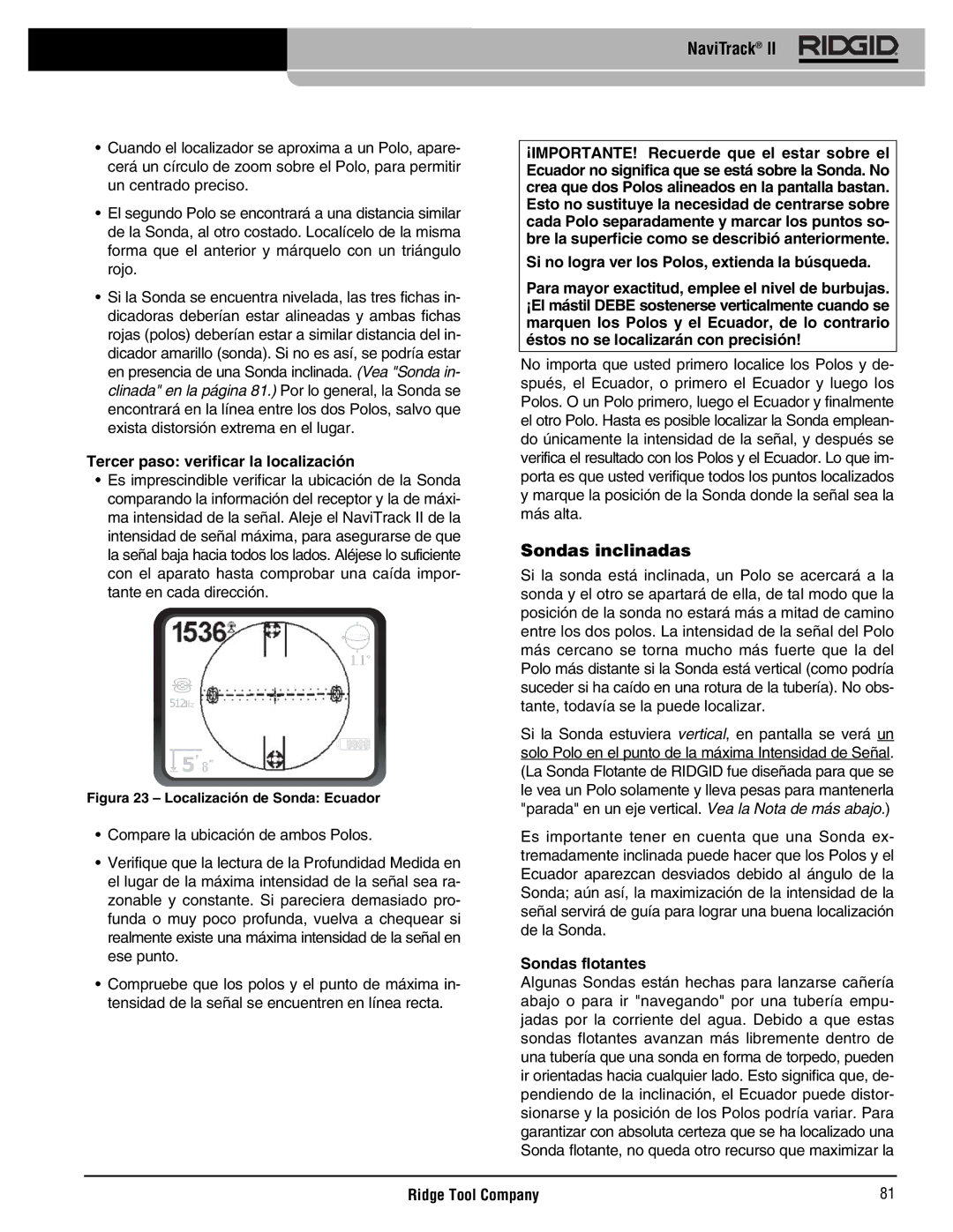 RIDGID Metal Detector manual Sondas inclinadas, Tercer paso verificar la localización, Sondas flotantes 