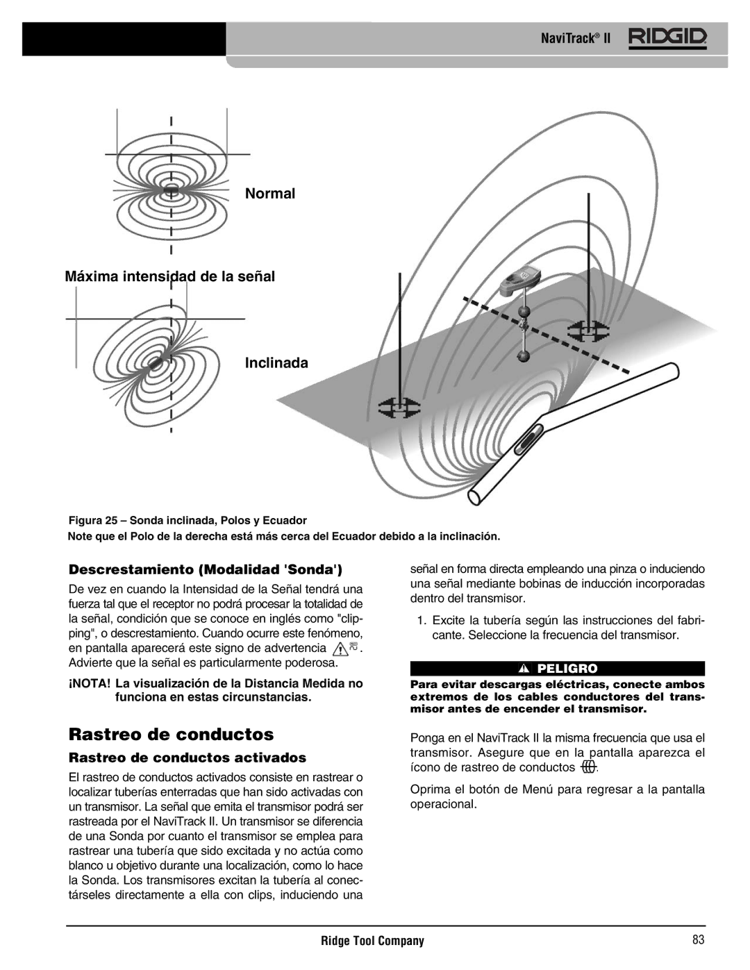 RIDGID Metal Detector manual Descrestamiento Modalidad Sonda, Rastreo de conductos activados 