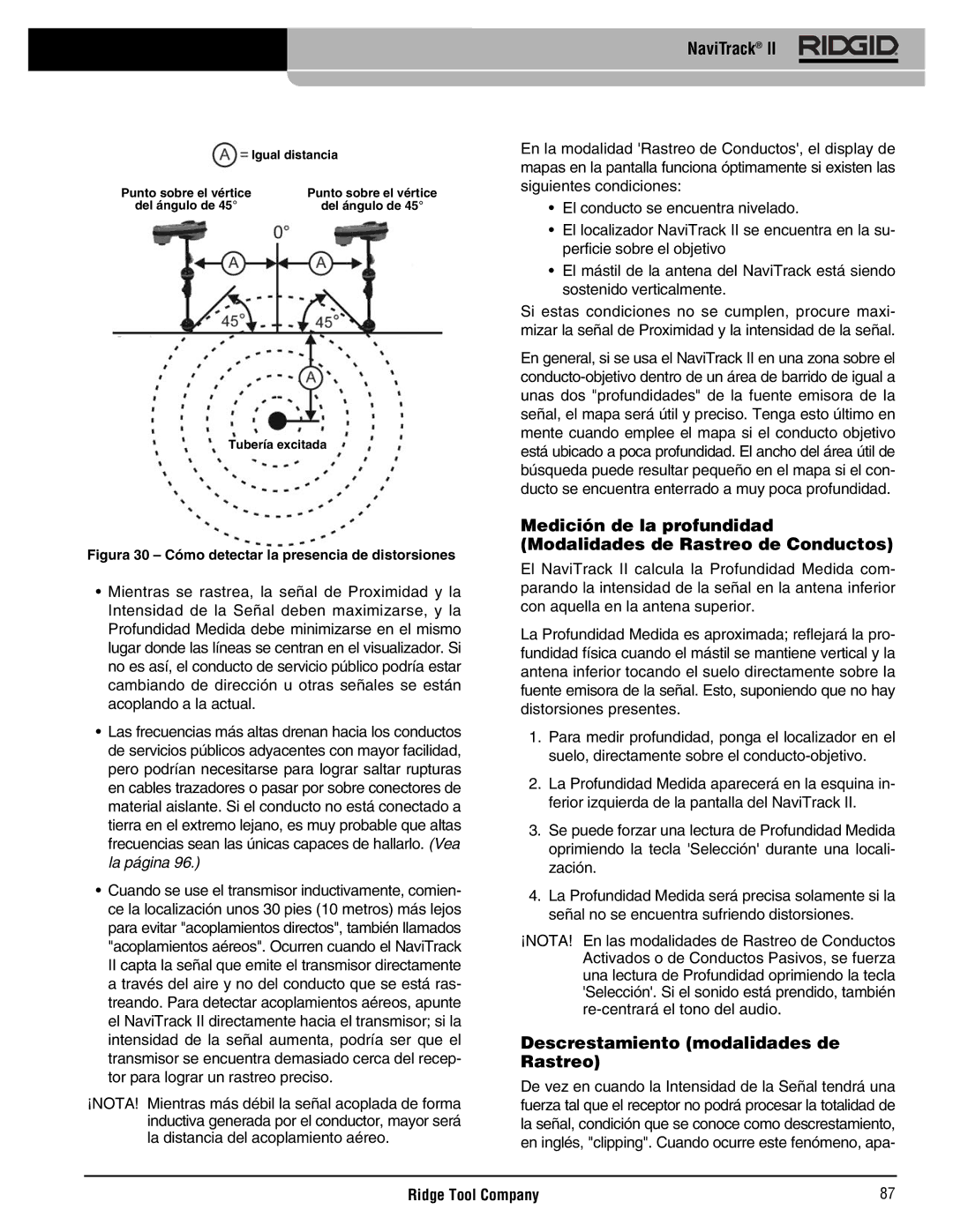 RIDGID Metal Detector manual Descrestamiento modalidades de Rastreo, Figura 30 Cómo detectar la presencia de distorsiones 