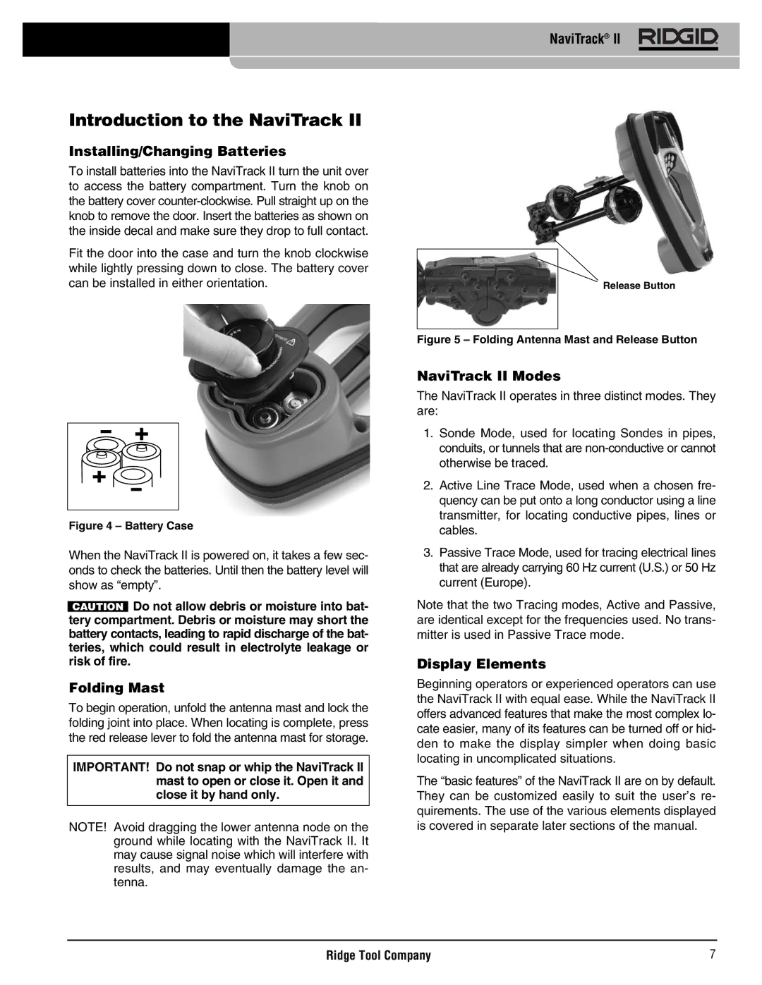 RIDGID Metal Detector manual Introduction to the NaviTrack, Installing/Changing Batteries, Folding Mast, NaviTrack II Modes 