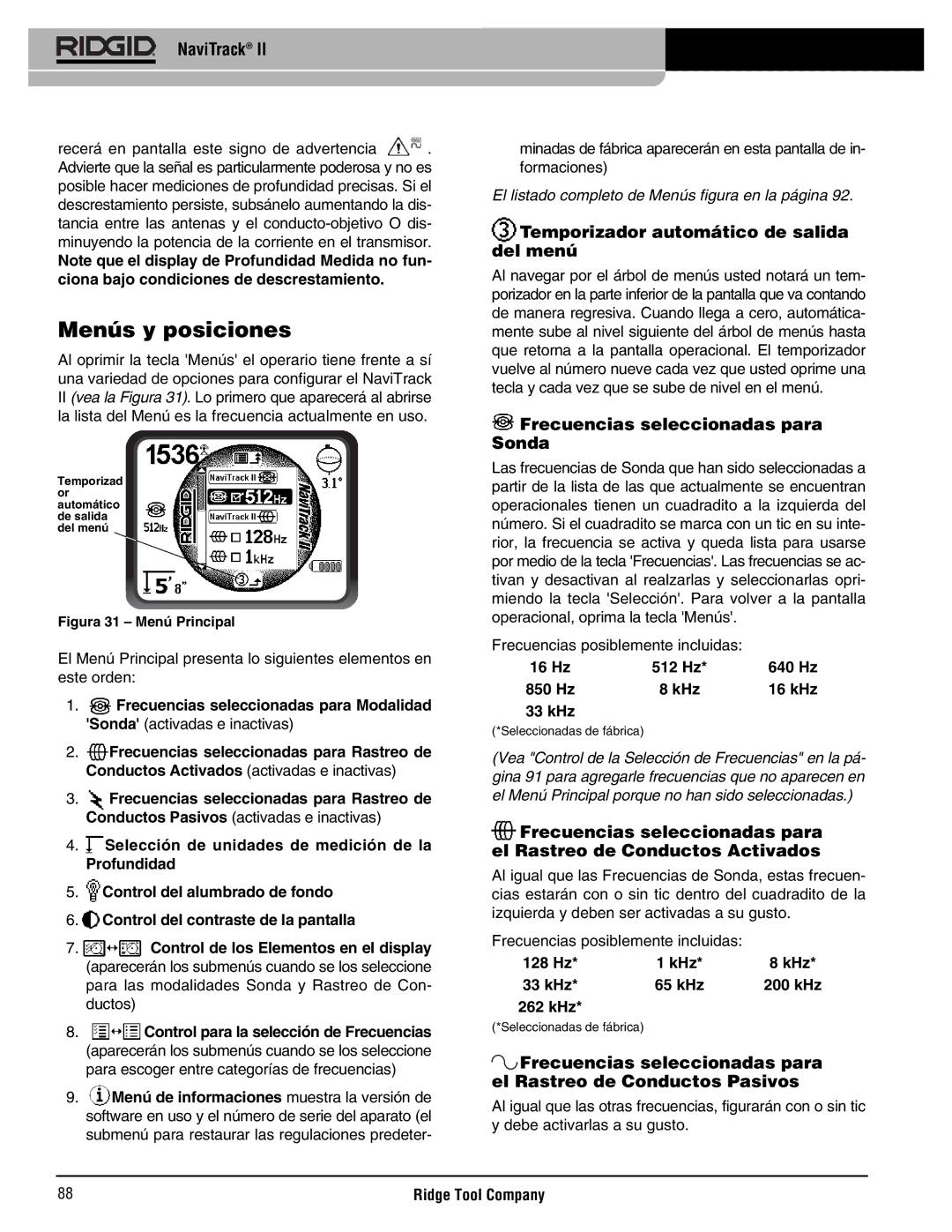 RIDGID Metal Detector Menús y posiciones, Temporizador automático de salida del menú, Frecuencias seleccionadas para Sonda 