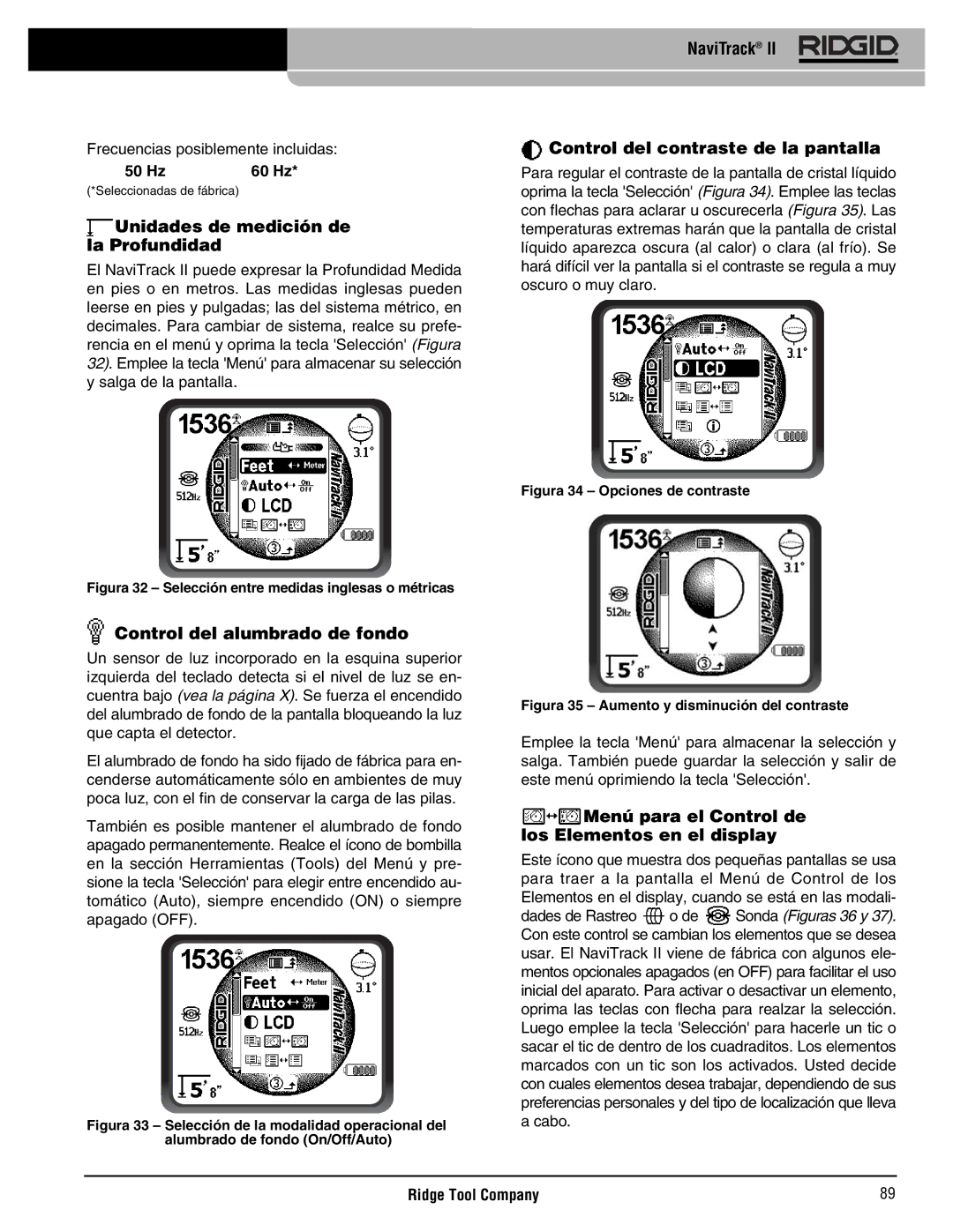 RIDGID Metal Detector manual Unidades de medición de la Profundidad, Control del alumbrado de fondo 