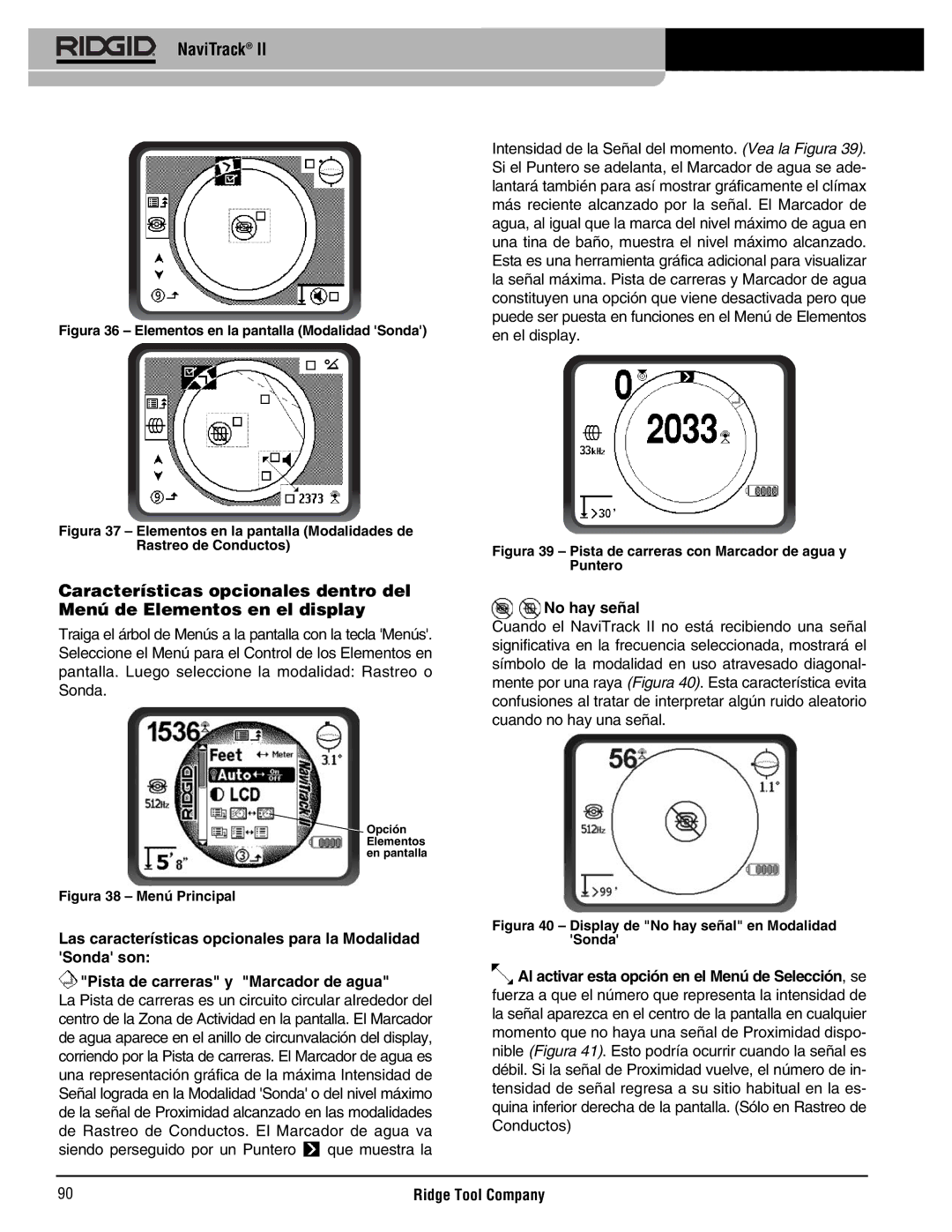 RIDGID Metal Detector manual No hay señal, Figura 36 Elementos en la pantalla Modalidad Sonda 