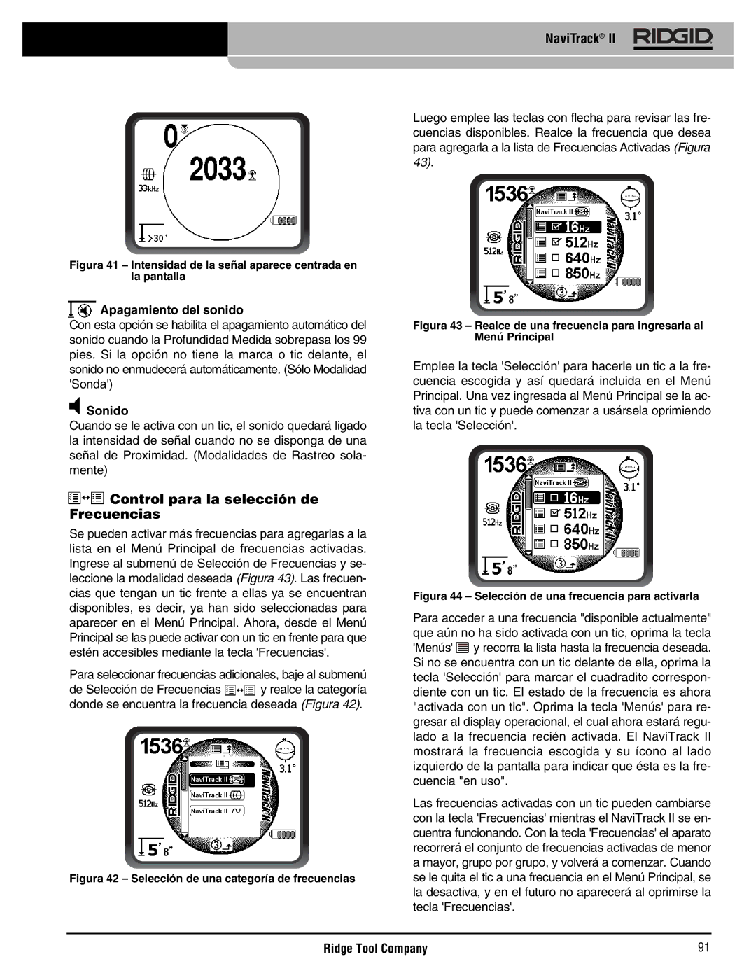 RIDGID Metal Detector manual Control para la selección de Frecuencias, Apagamiento del sonido, Sonido 