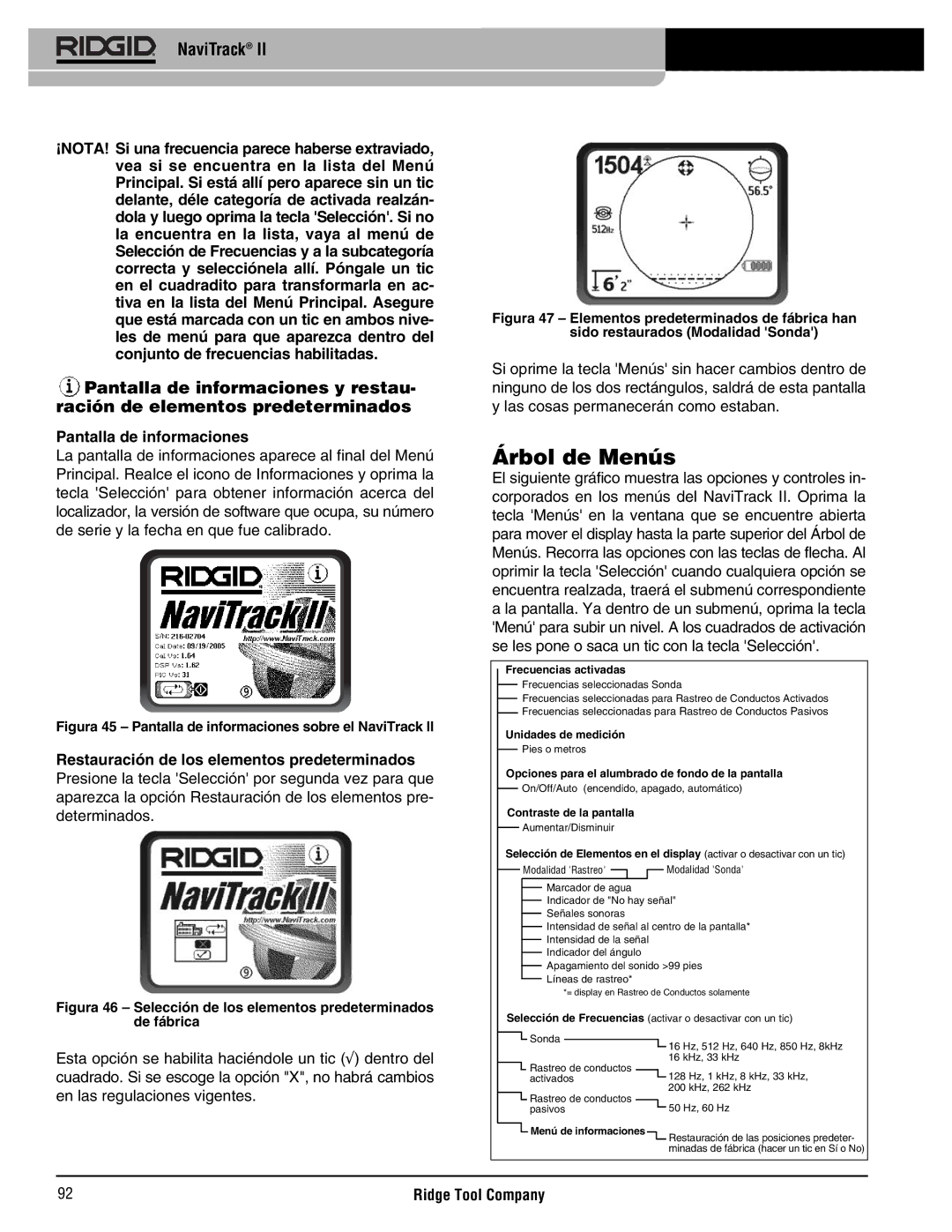 RIDGID Metal Detector manual Árbol de Menús, Pantalla de informaciones, Restauración de los elementos predeterminados 