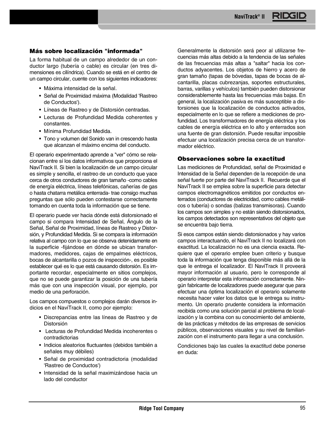 RIDGID Metal Detector manual NaviTrack Más sobre localización informada, Observaciones sobre la exactitud 