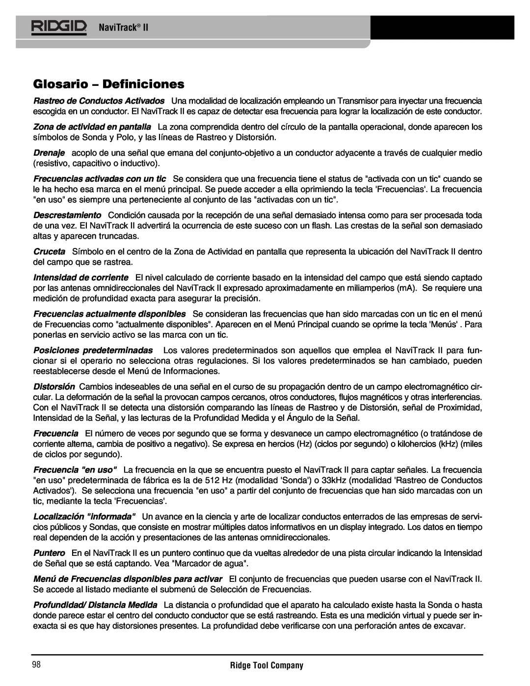 RIDGID Metal Detector manual Glosario - Definiciones, NaviTrack 