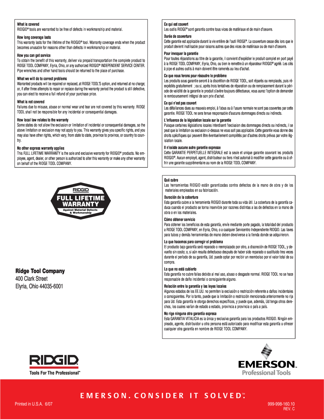 RIDGID Metal Detector E M E R S O N . C O N S I D E R I T S O L V E D, Full Lifetime Warranty, Ridge Tool Company, Rev. C 