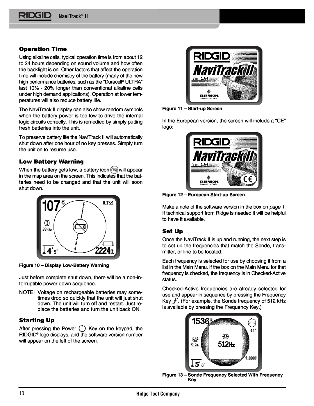 RIDGID Metal Detector manual Operation Time, Low Battery Warning, Starting Up, Set Up, NaviTrack 