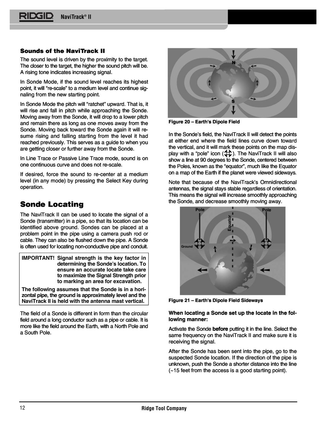 RIDGID Metal Detector manual Sonde Locating, Sounds of the NaviTrack 