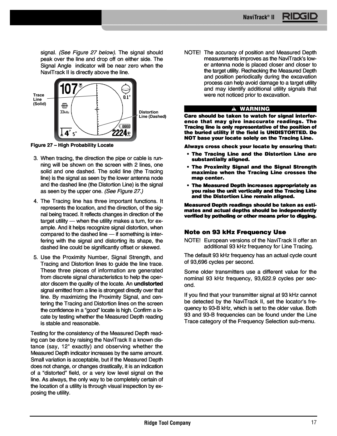 RIDGID Metal Detector manual Note on 93 kHz Frequency Use, NaviTrack, Ridge Tool Company, High Probability Locate 