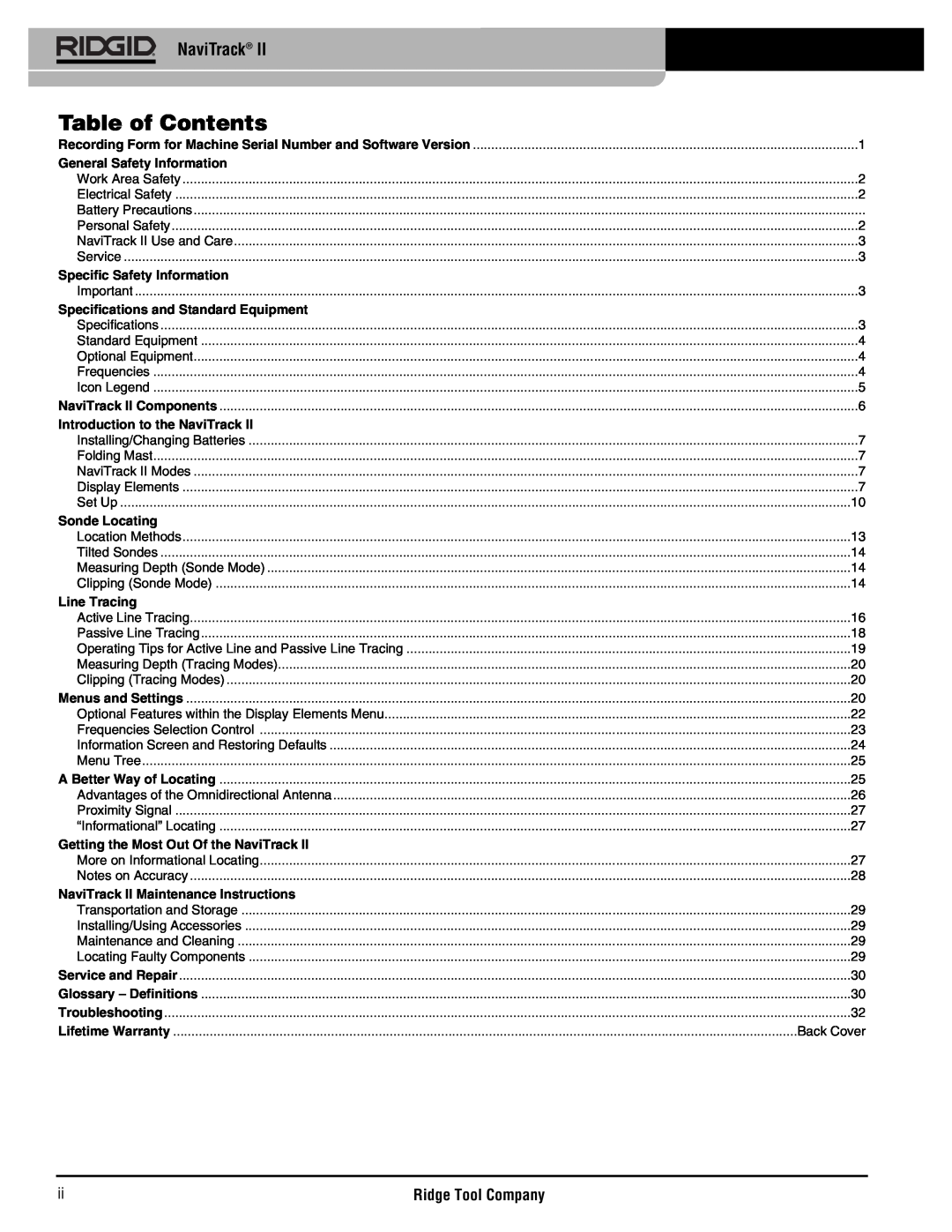 RIDGID Metal Detector manual Table of Contents, NaviTrack, Battery Precautions, Back Cover 