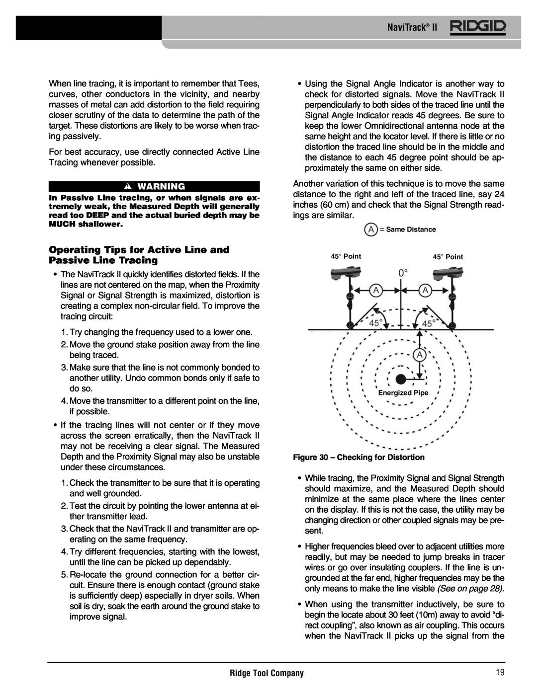 RIDGID Metal Detector manual Operating Tips for Active Line and Passive Line Tracing, NaviTrack, Ridge Tool Company 