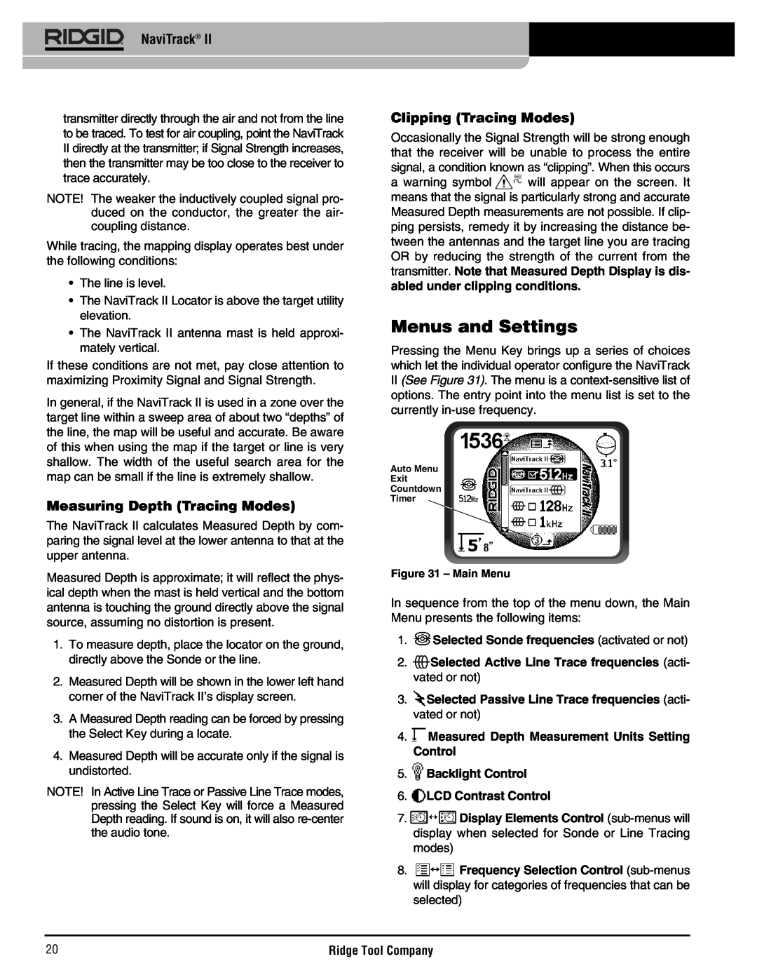 RIDGID Metal Detector manual Menus and Settings, Measuring Depth Tracing Modes, Clipping Tracing Modes, NaviTrack 