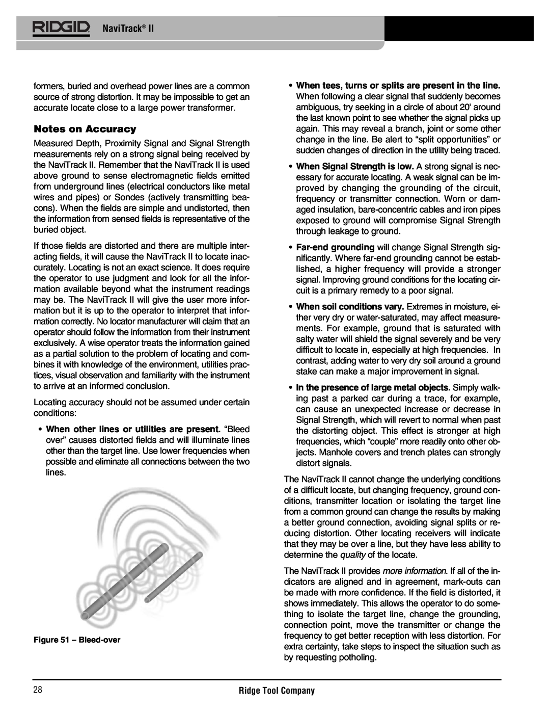 RIDGID Metal Detector manual Notes on Accuracy, NaviTrack, Locating accuracy should not be assumed under certain conditions 