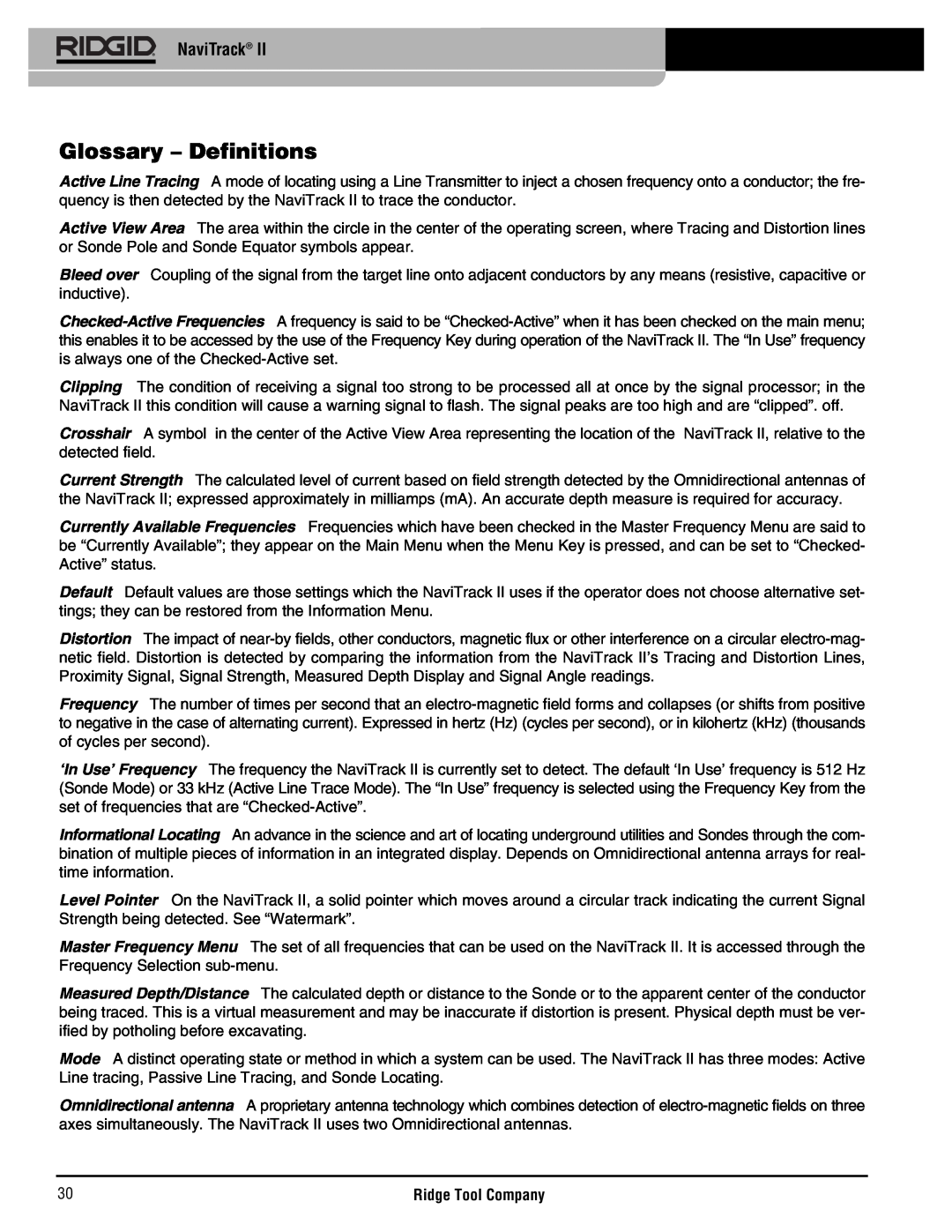 RIDGID Metal Detector manual Glossary - Definitions, NaviTrack 