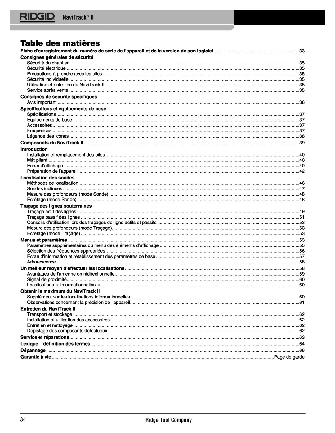 RIDGID Metal Detector manual Table des matières, NaviTrack, Page de garde 