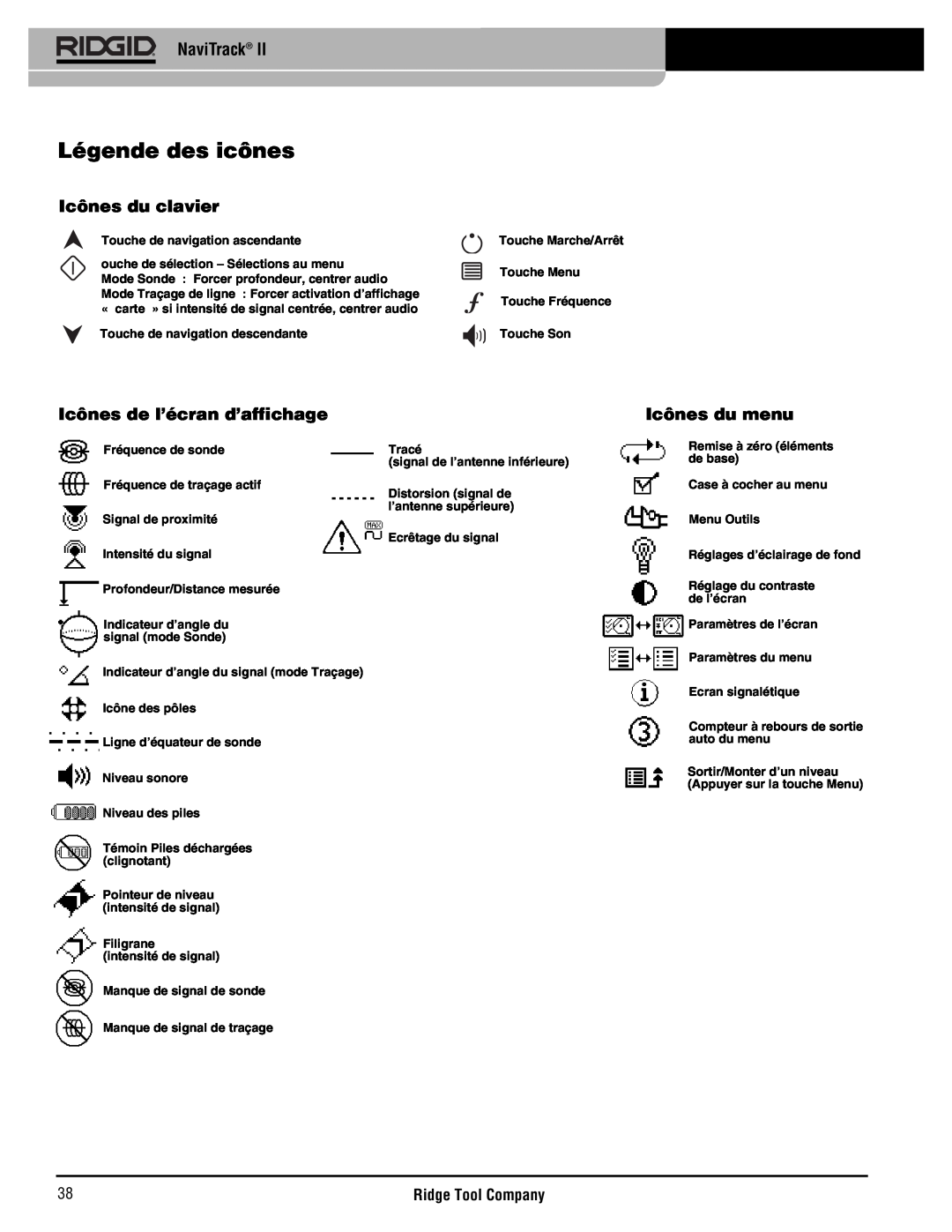 RIDGID Metal Detector Légende des icônes, Icônes du clavier, Icônes de l’écran d’affichage, Icônes du menu, NaviTrack 