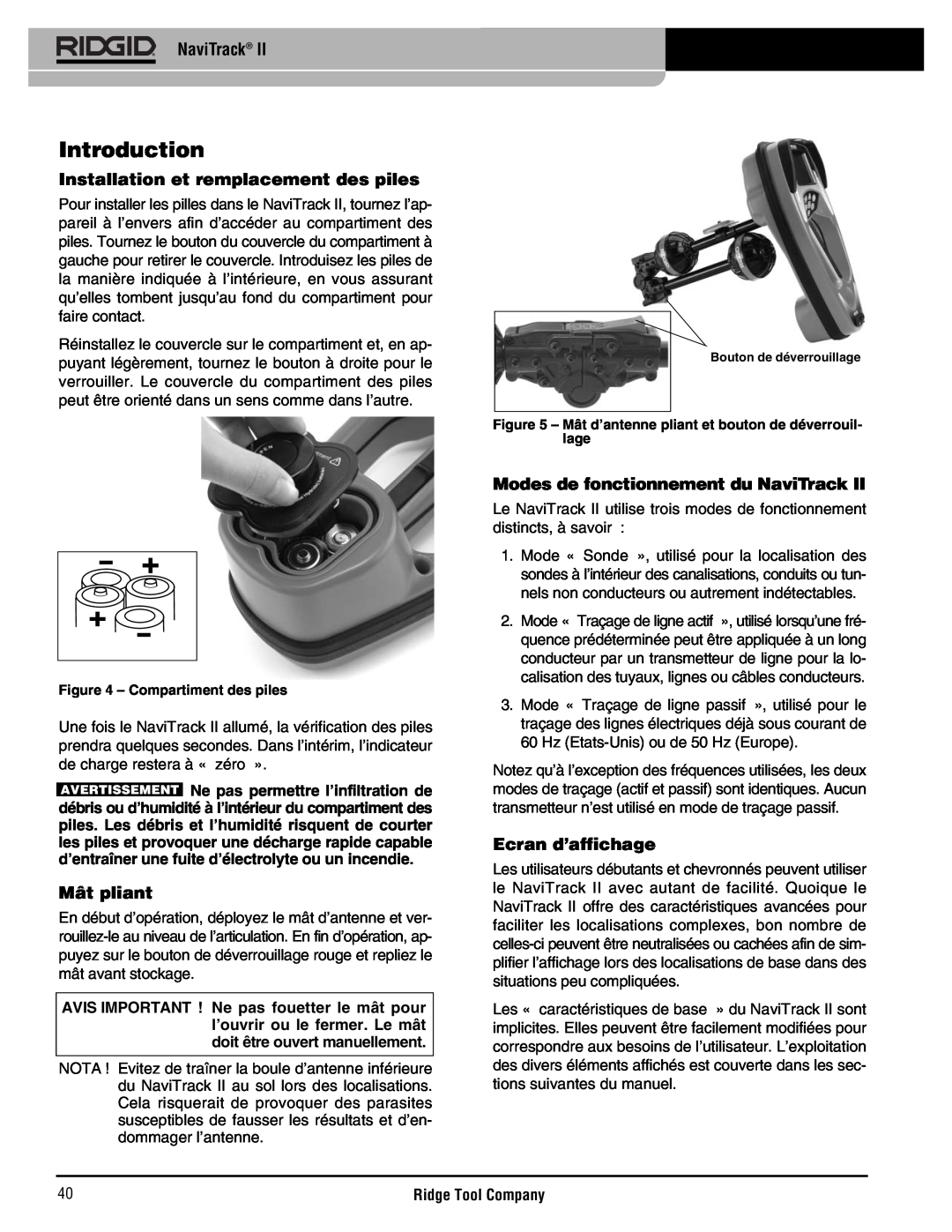 RIDGID Metal Detector manual Introduction, Installation et remplacement des piles, Mât pliant, Ecran d’affichage, NaviTrack 